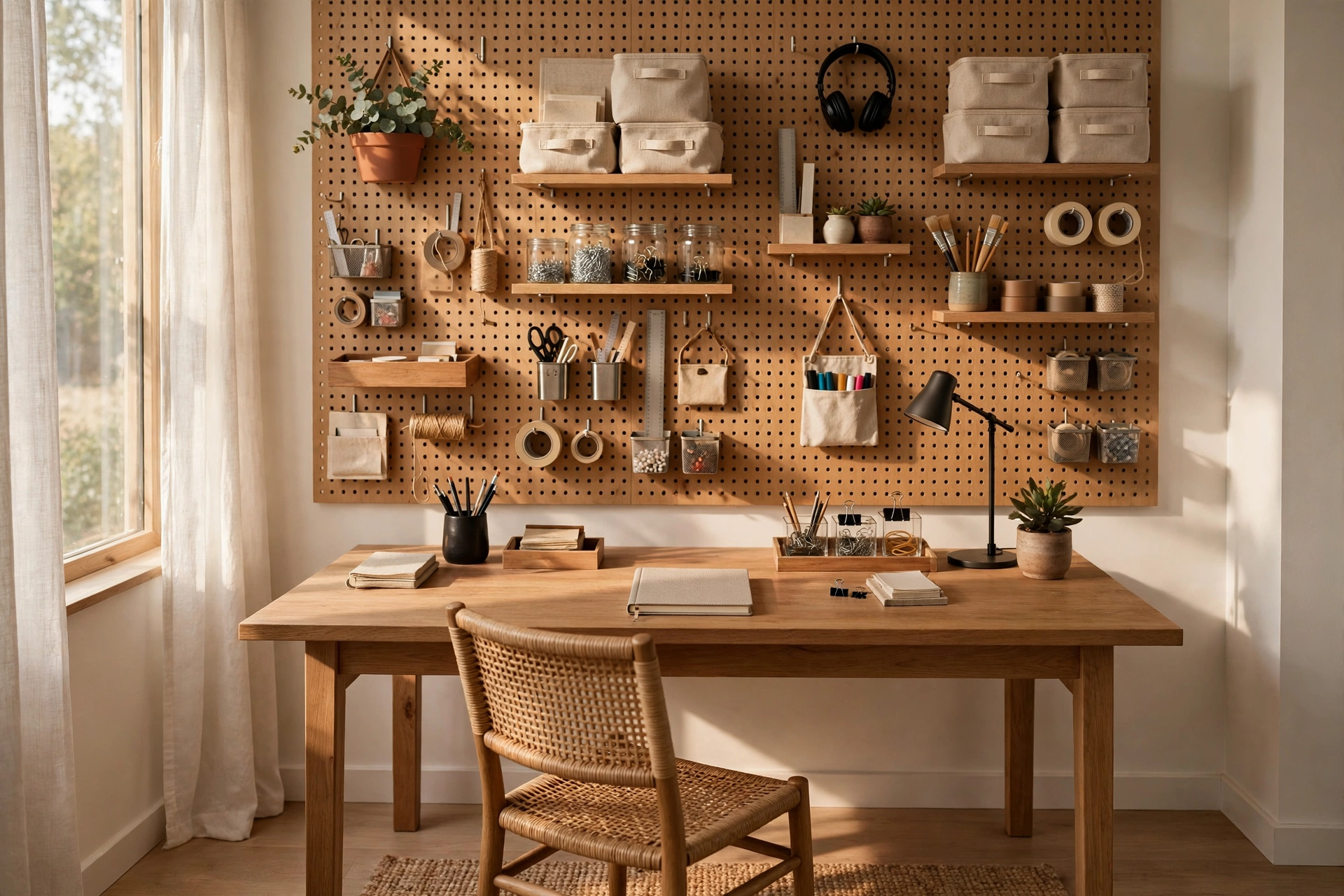 Full wall pegboard behind a home office desk covered with hooks shelves and organized supplies