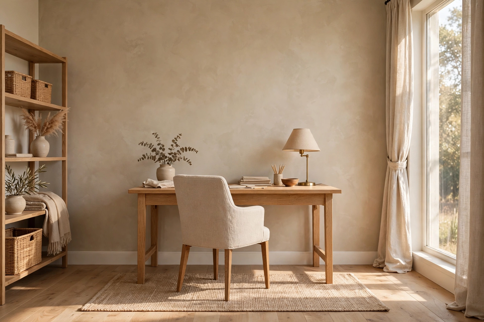 Home office with a limewashed warm greige accent wall and linen desk chair