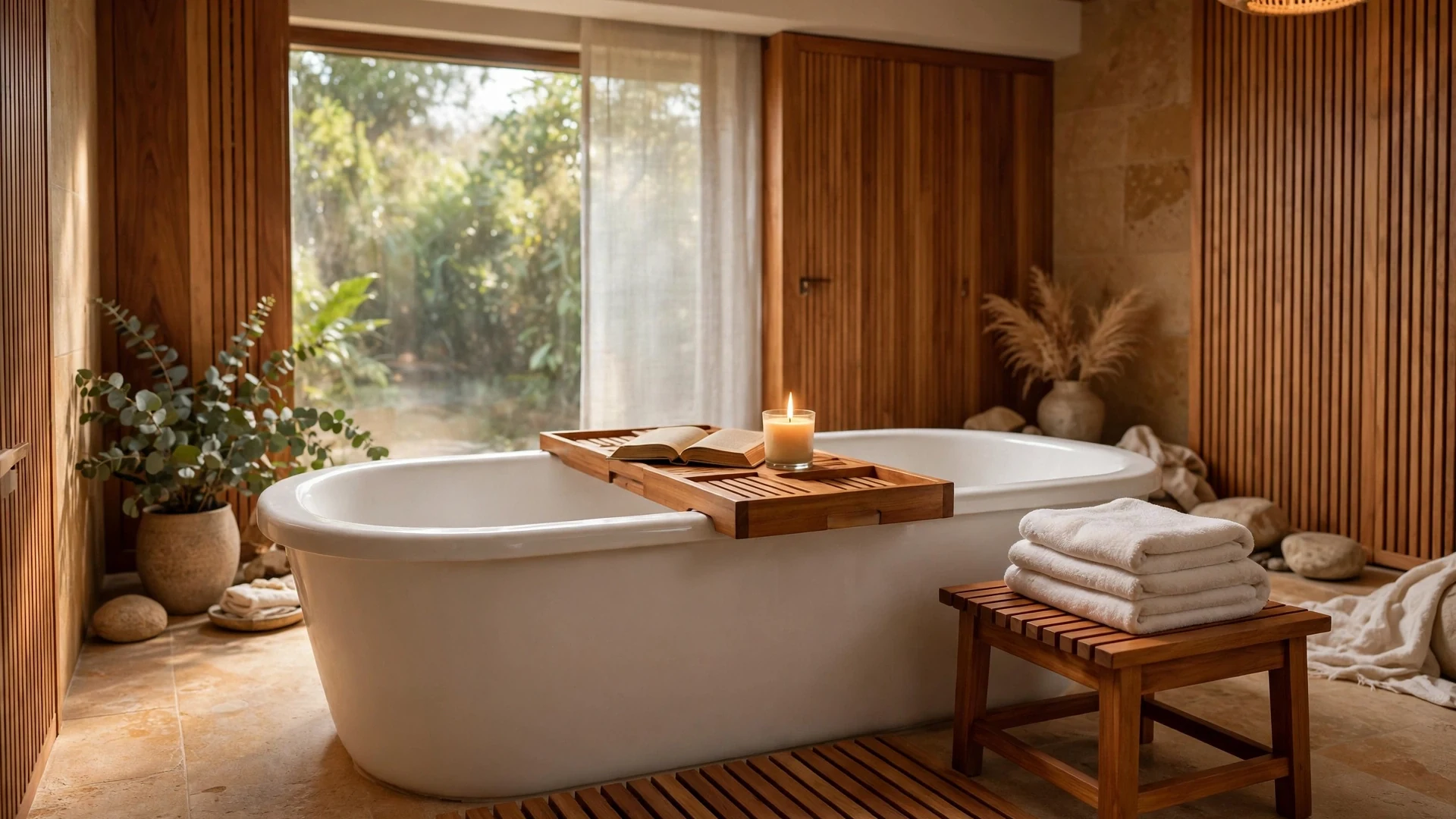 Teak wood stool and bath caddy adding warmth to a spa-style bathroom