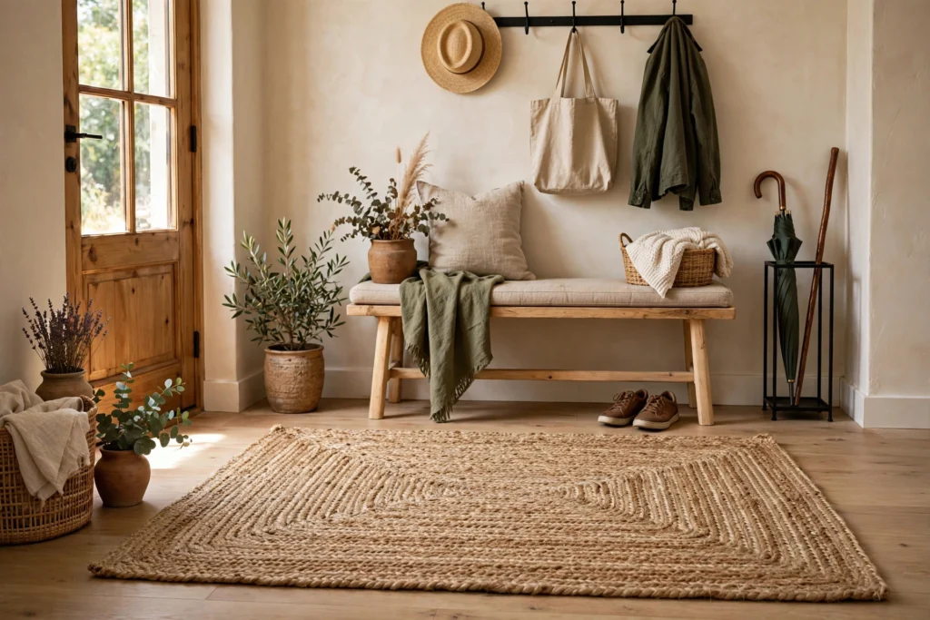 Natural jute rug adding earthy texture to a relaxed entryway