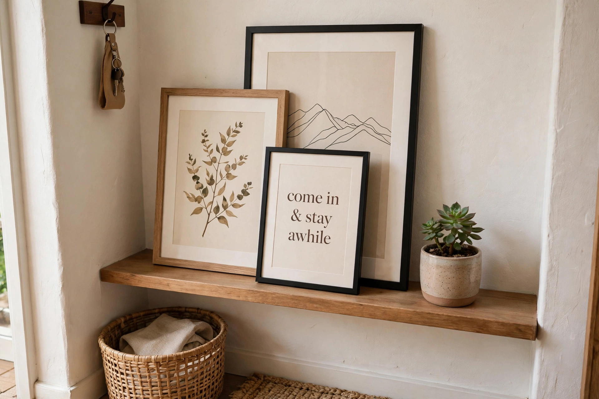 Layered framed prints leaning against the wall on an entryway shelf with a small plant
