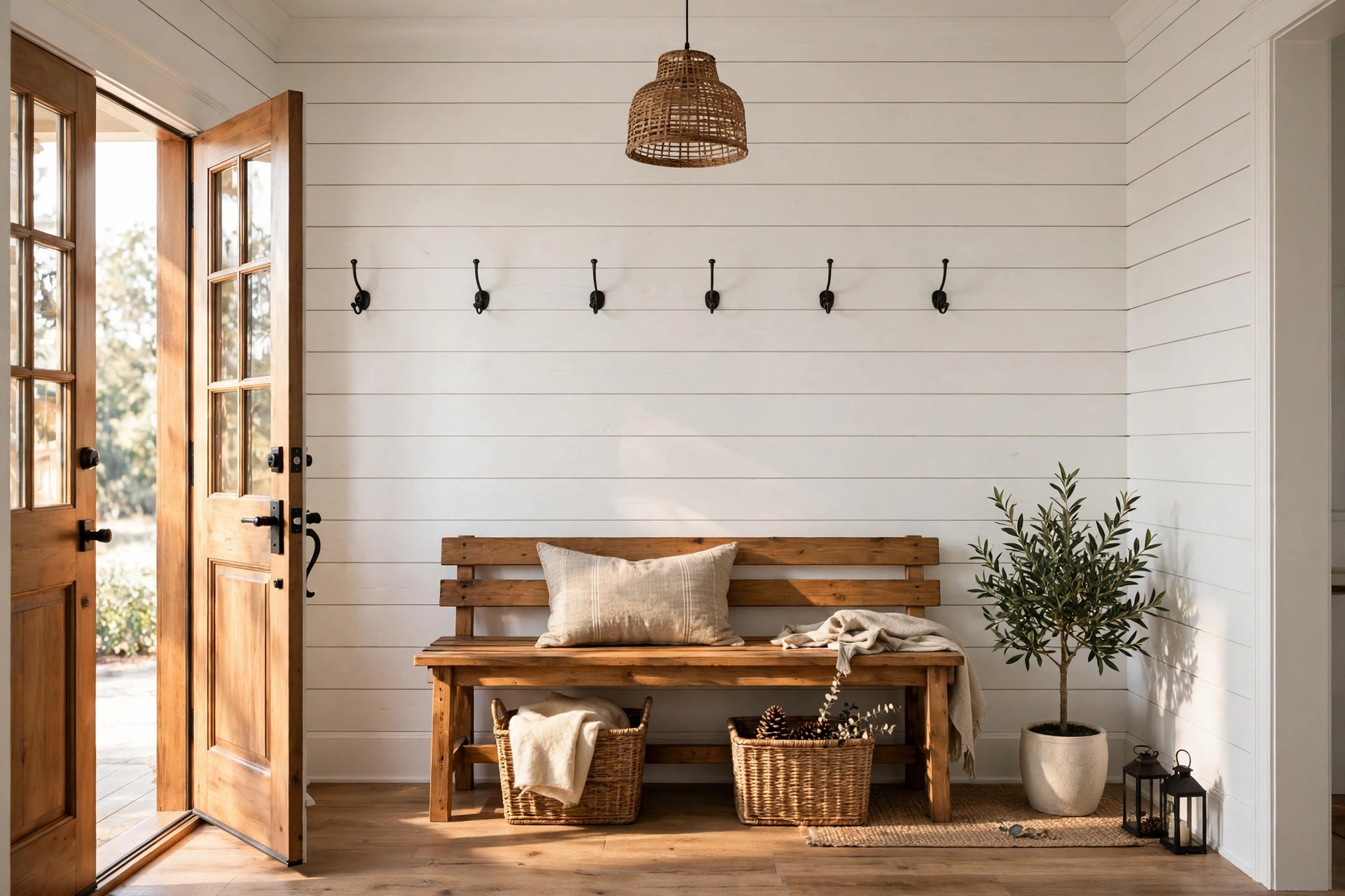Horizontal shiplap entryway walls painted white with a wooden bench in a farmhouse foyer