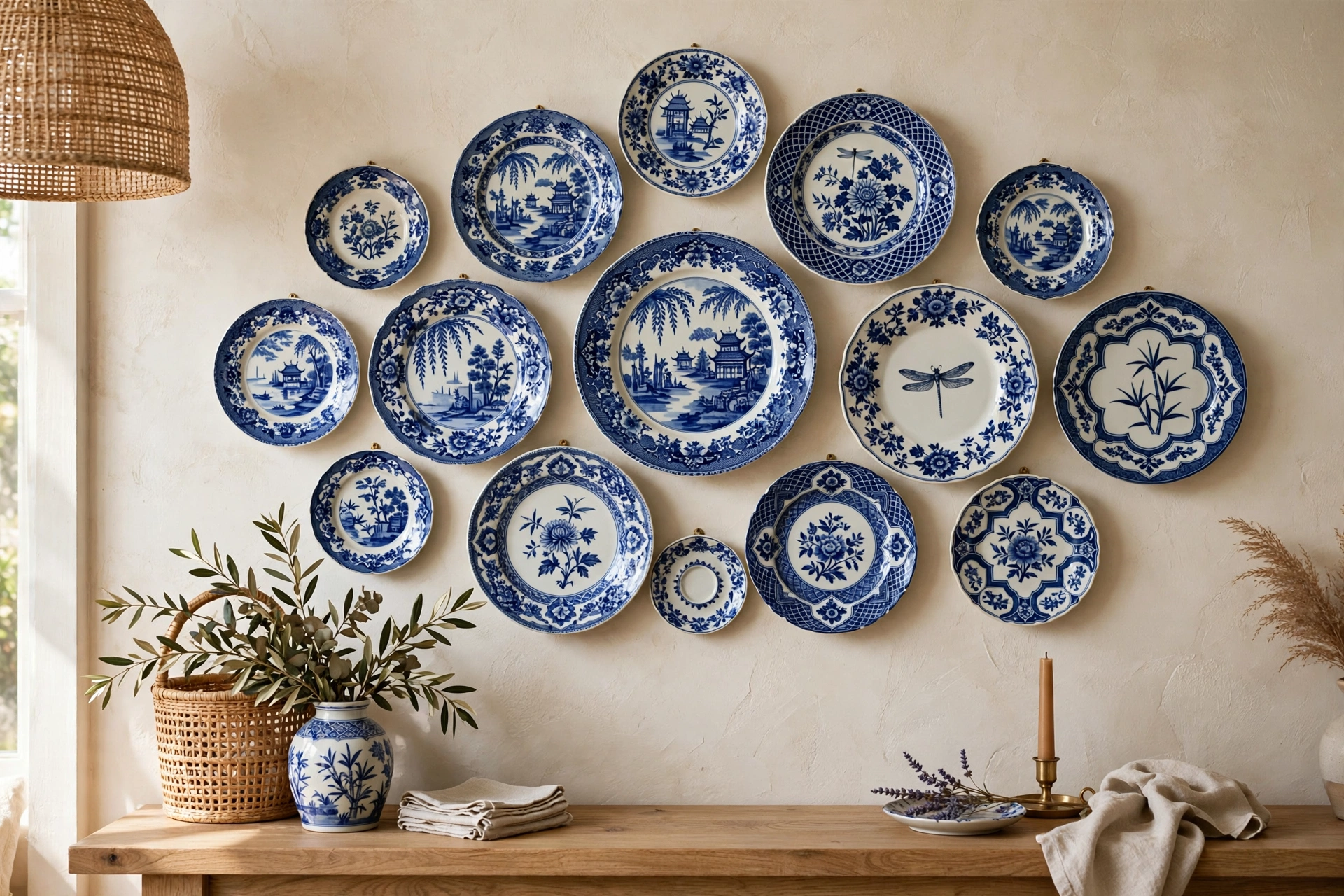 Decorative plate wall arrangement of blue and white porcelain plates
