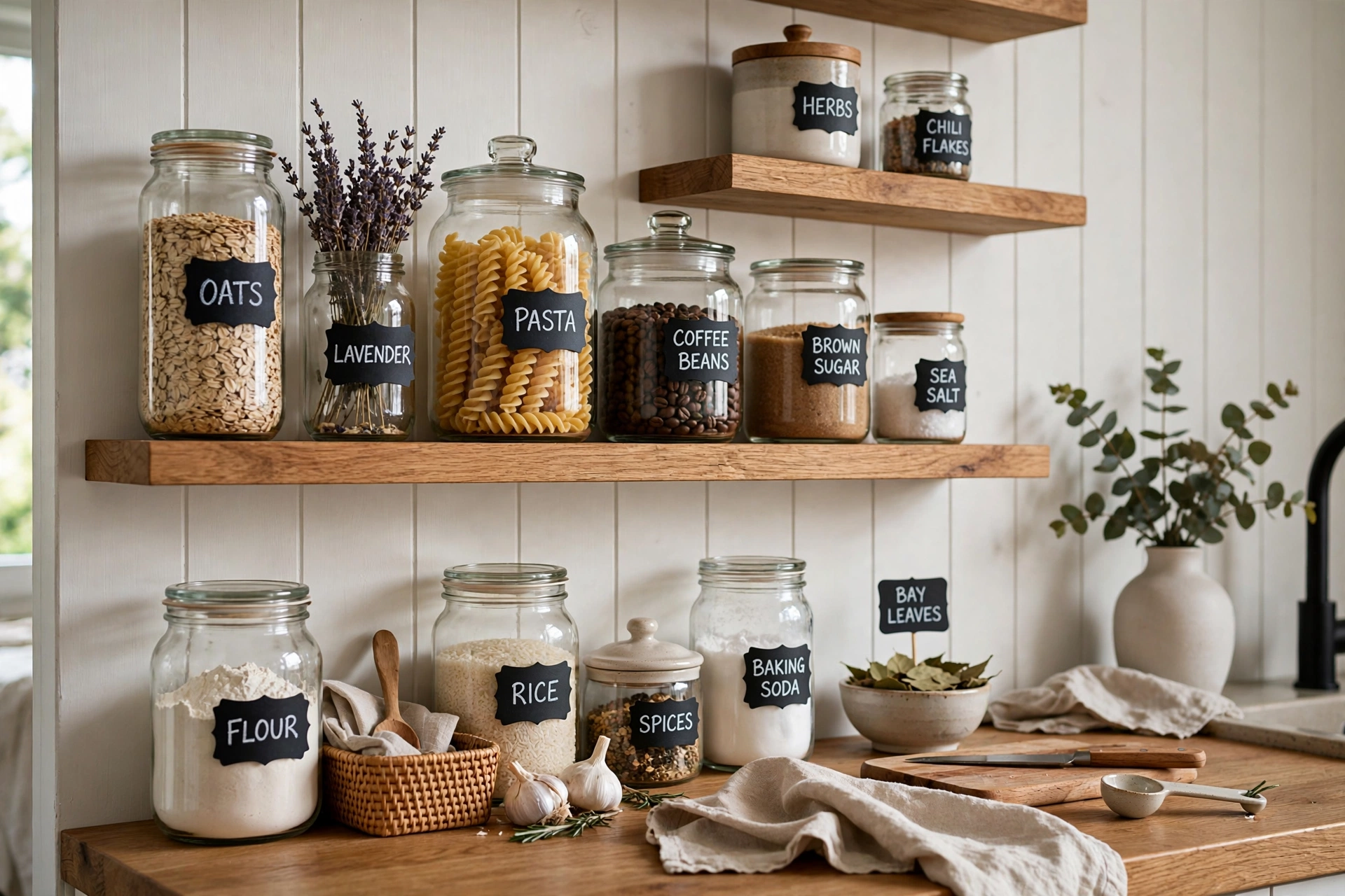 Open kitchen shelves with chalkboard labels on jars and containers