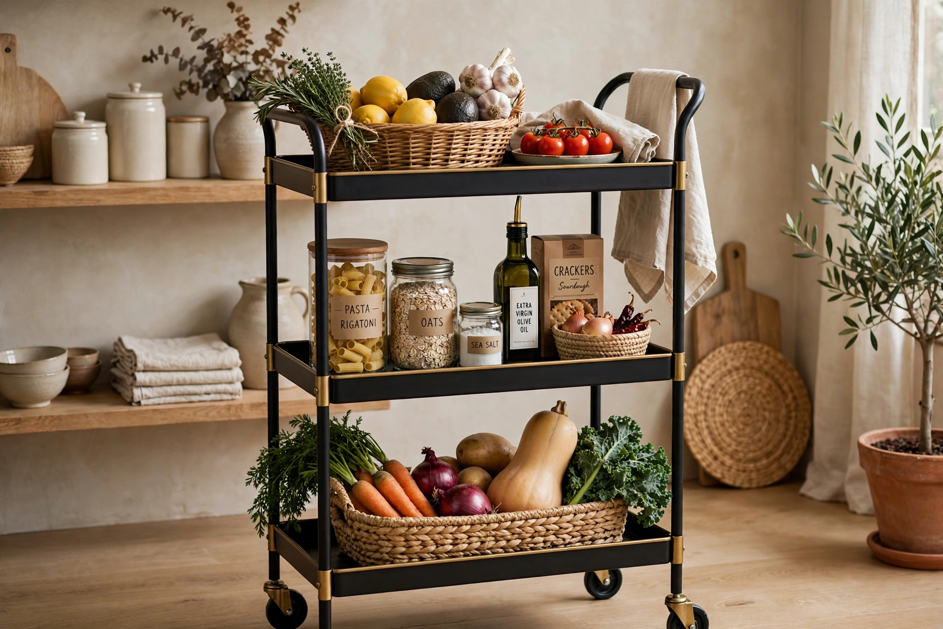 Tiered cart holding fresh produce in baskets and pantry staples