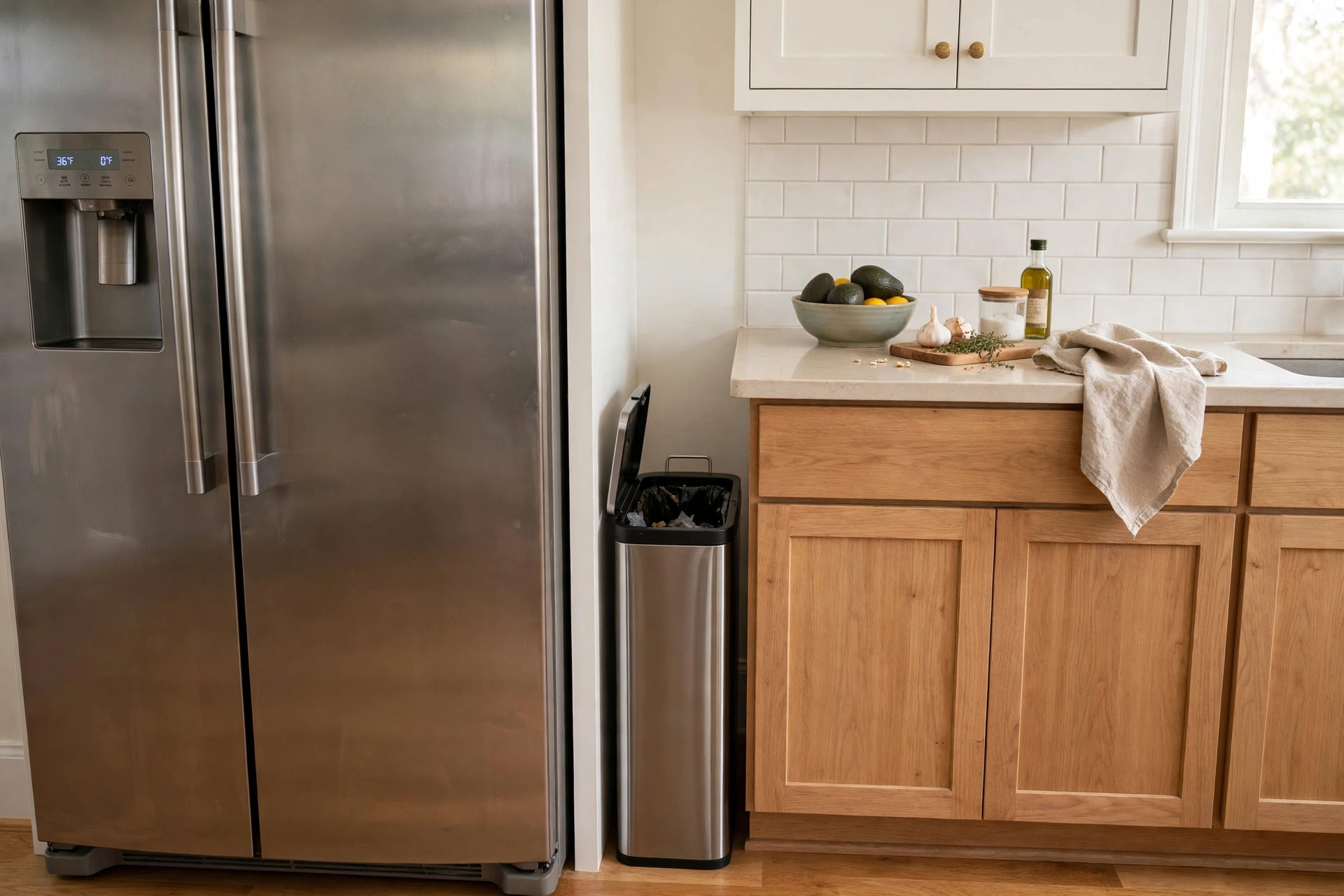 Slim narrow trash bin fitted in the gap between fridge and counter