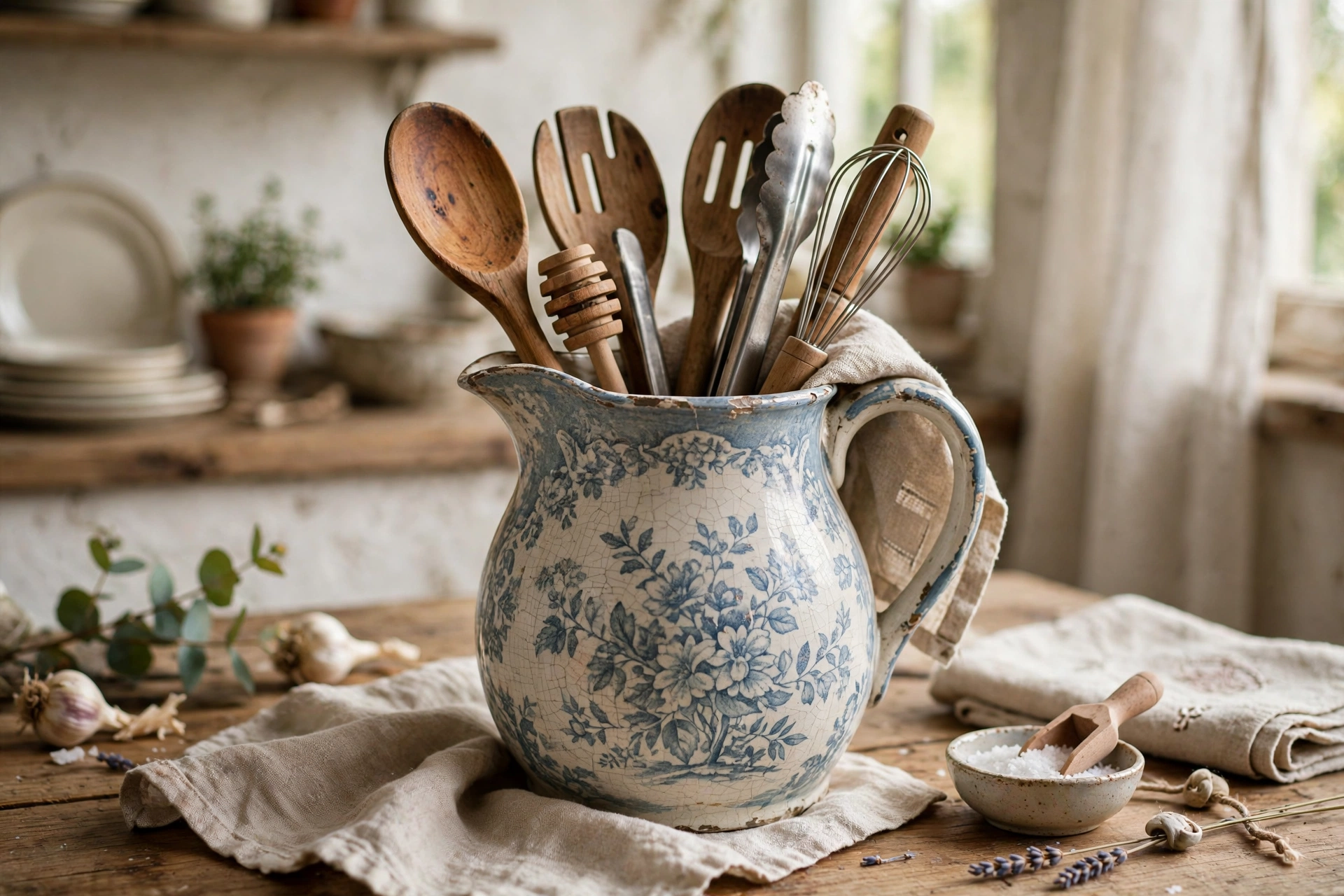 Vintage ceramic pitcher repurposed as a charming utensil holder