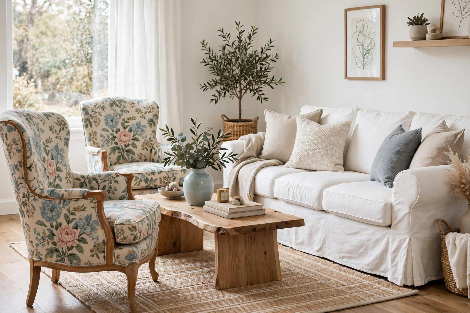 White slipcovered sofa paired with patterned floral accent chairs
