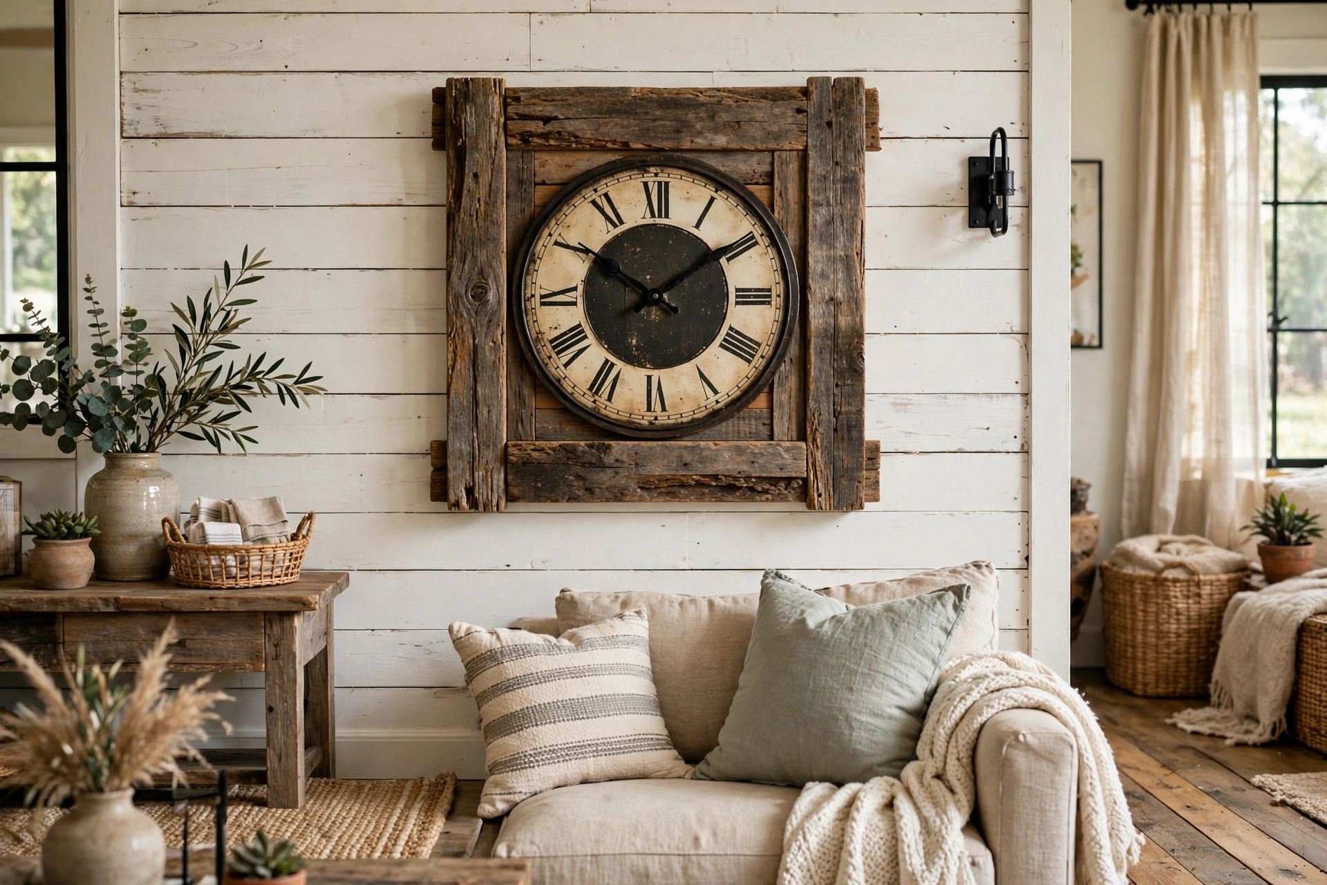 Rustic wall clock with a reclaimed wood frame in a farmhouse living room