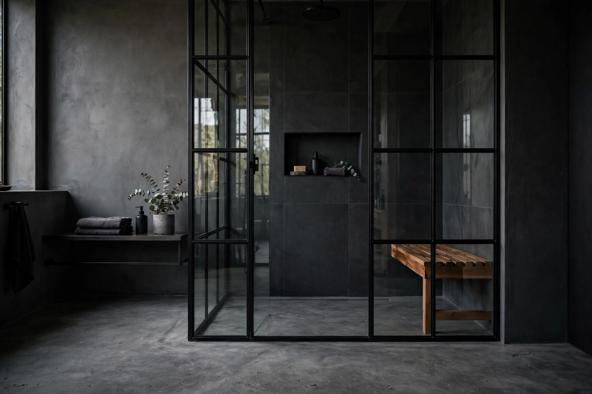 Black steel framed glass walk-in shower with dark tiles and wooden bench in an industrial bathroom