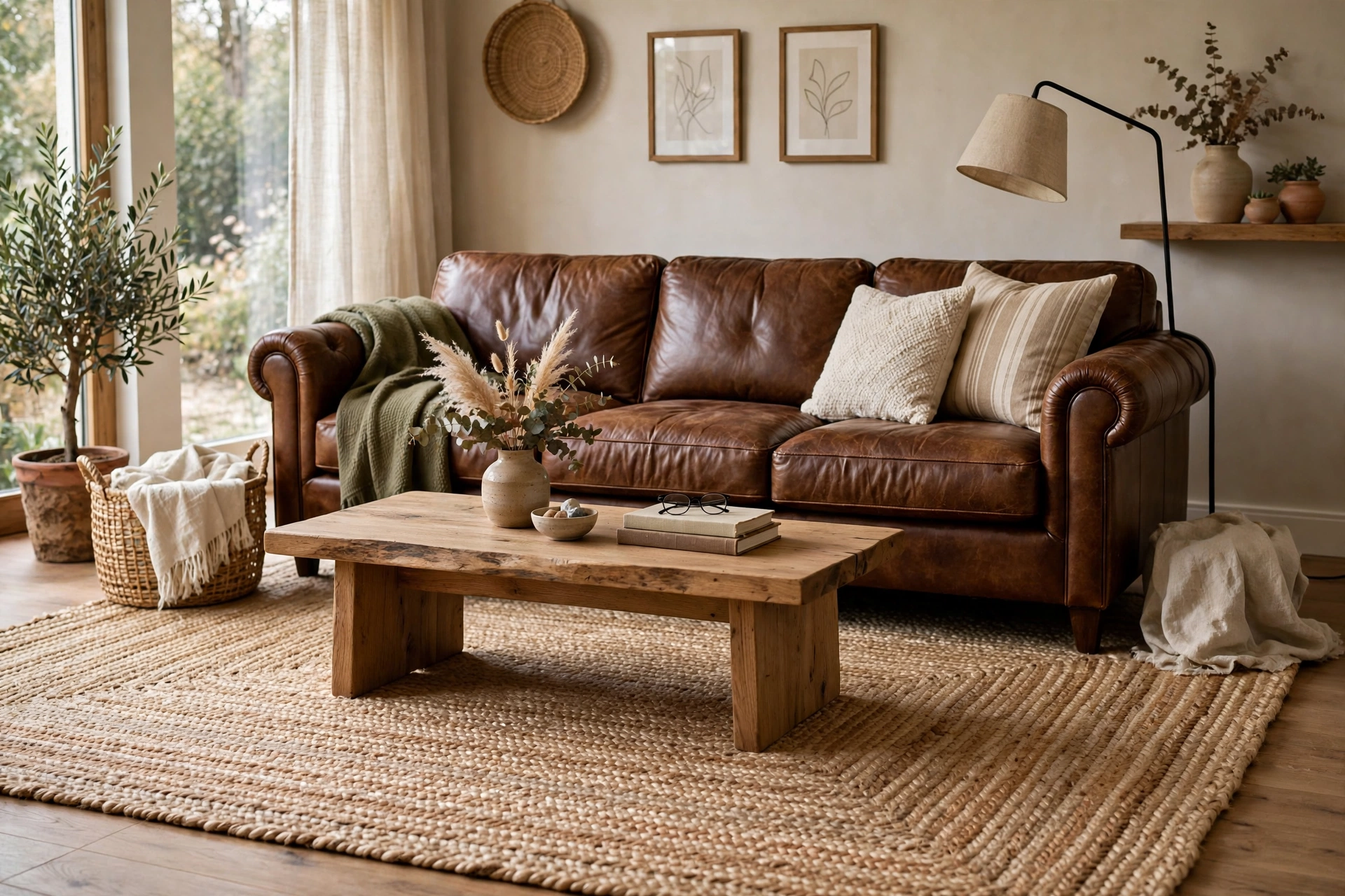 Brown leather sofa grounded by a large natural jute area rug
