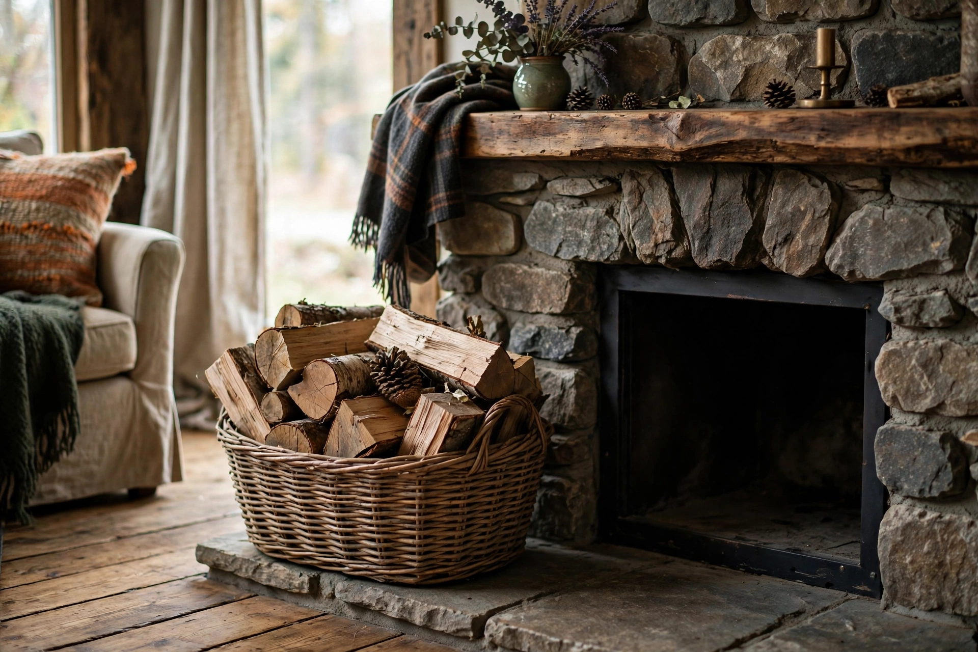 Rustic log basket filled with firewood beside a stone fireplace