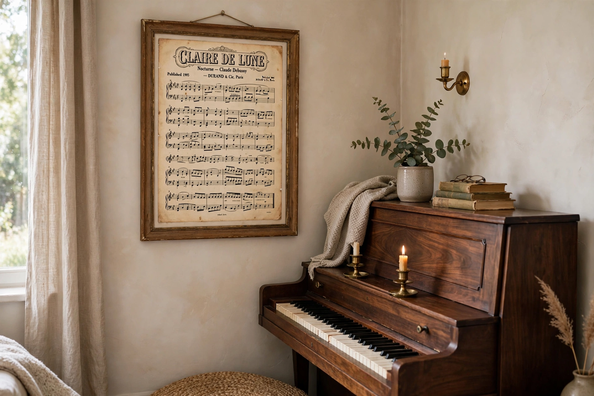 Framed vintage sheet music displayed as wall art near a piano