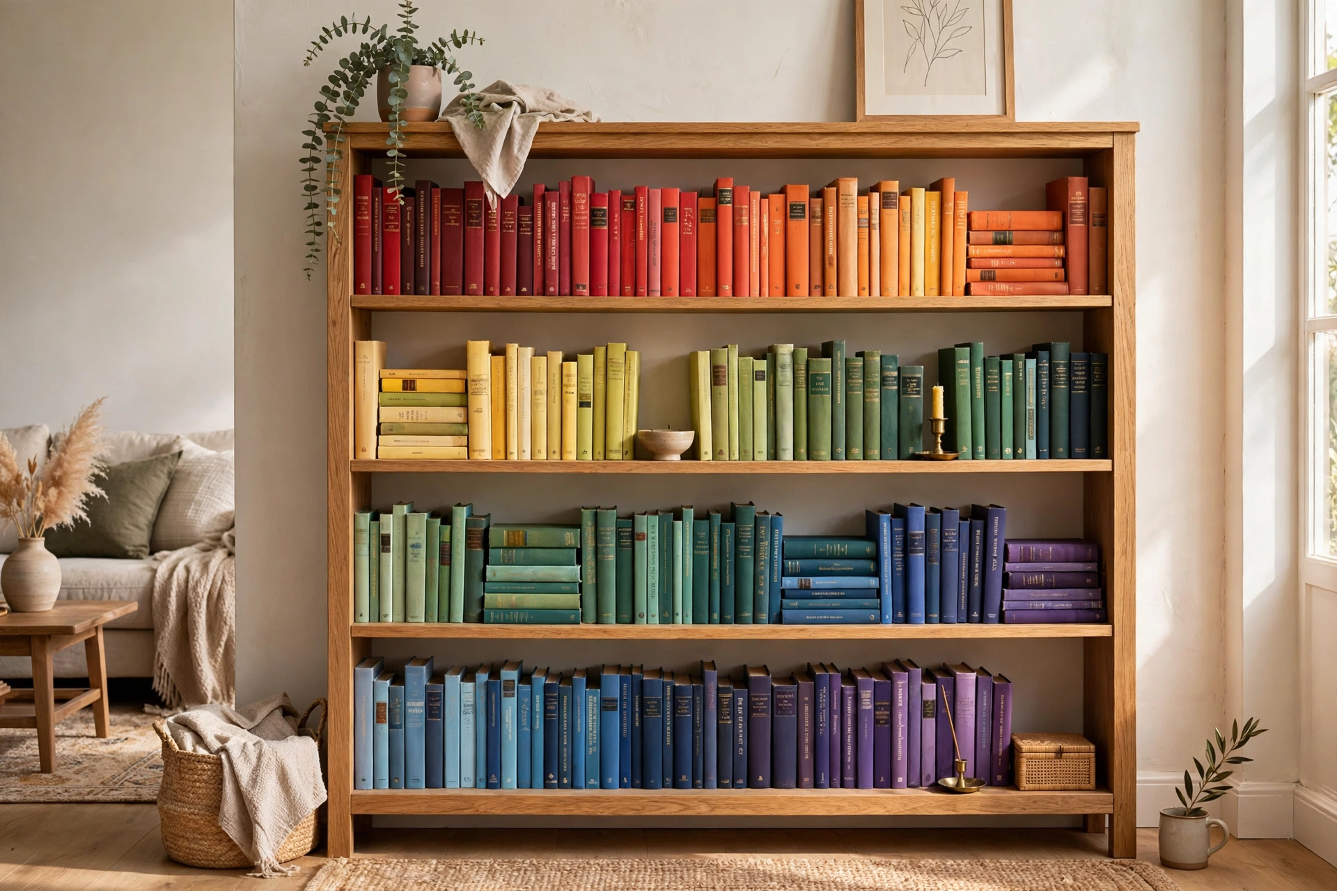 Bookcase with books arranged in color-blocked rainbow spine order