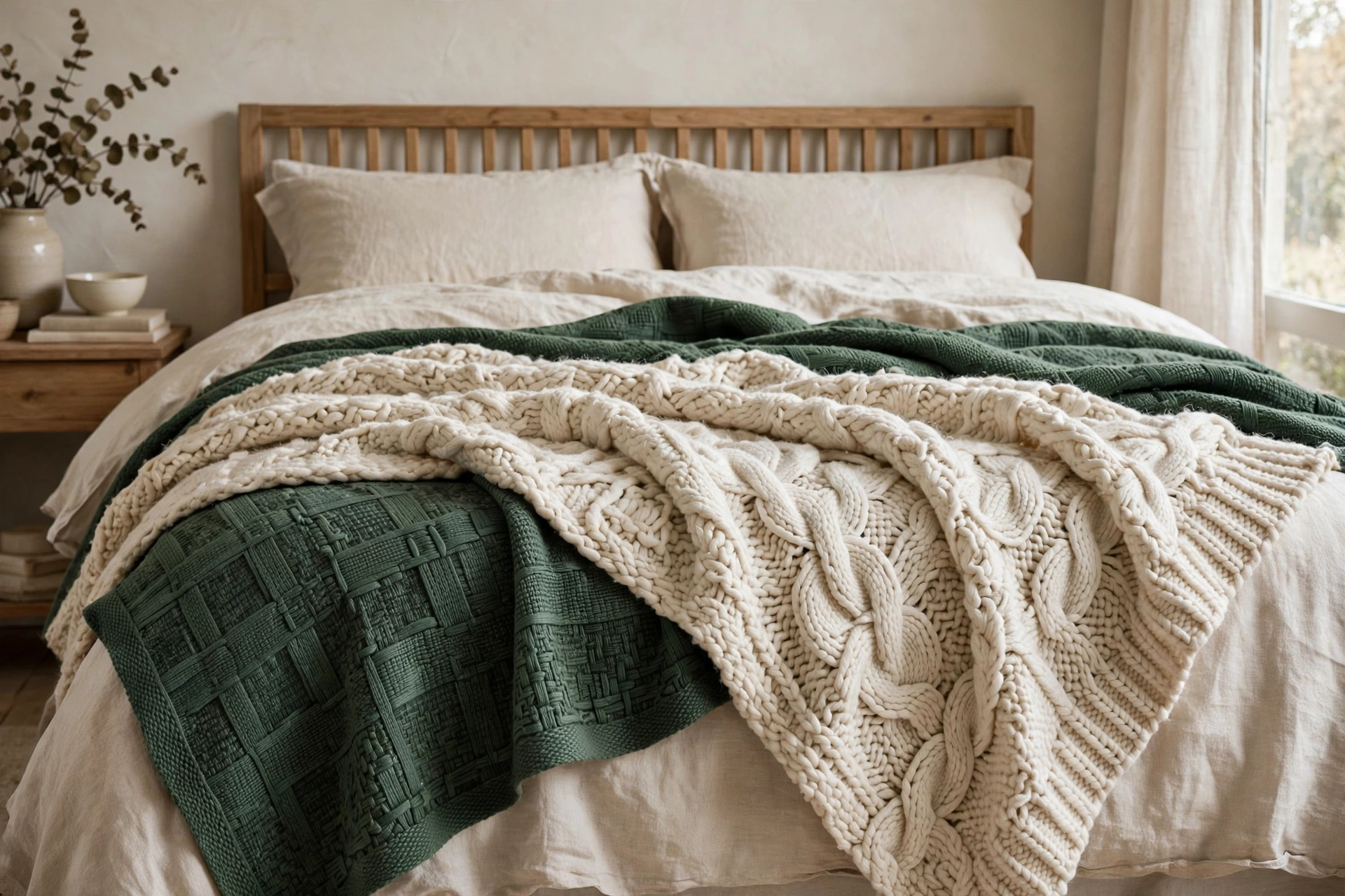 Two contrasting textured throw blankets layered together on a bed