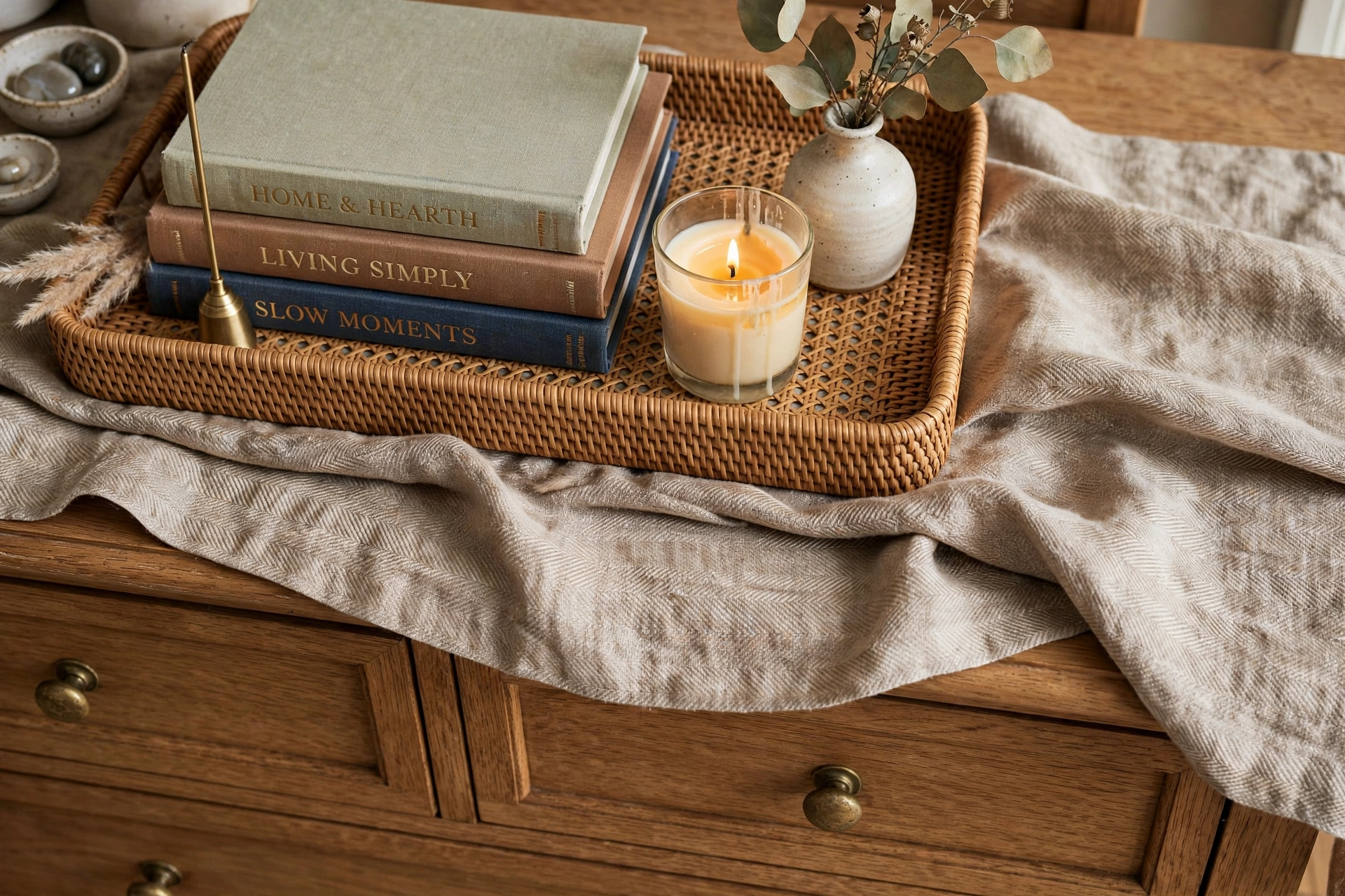 Dresser runner layered under a styled tray with books and candle