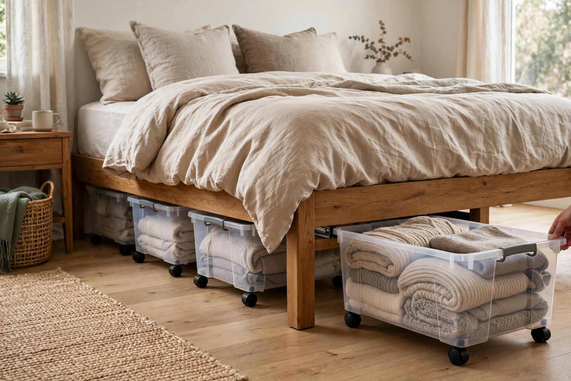 Rolling under-bed storage bins sliding beneath a standard bed frame