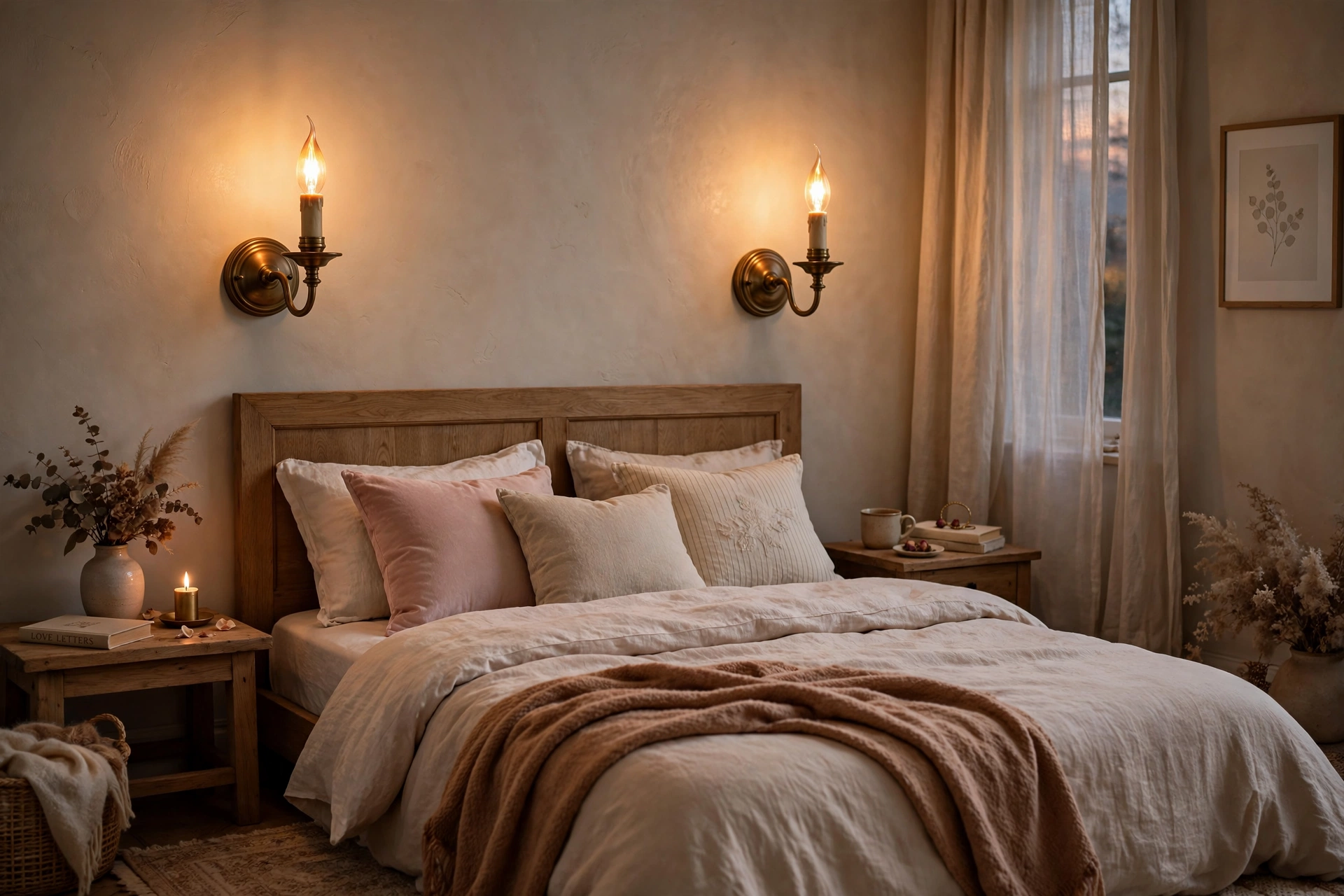 Candle-style wall sconces with flame-tip bulbs in a romantic bedroom