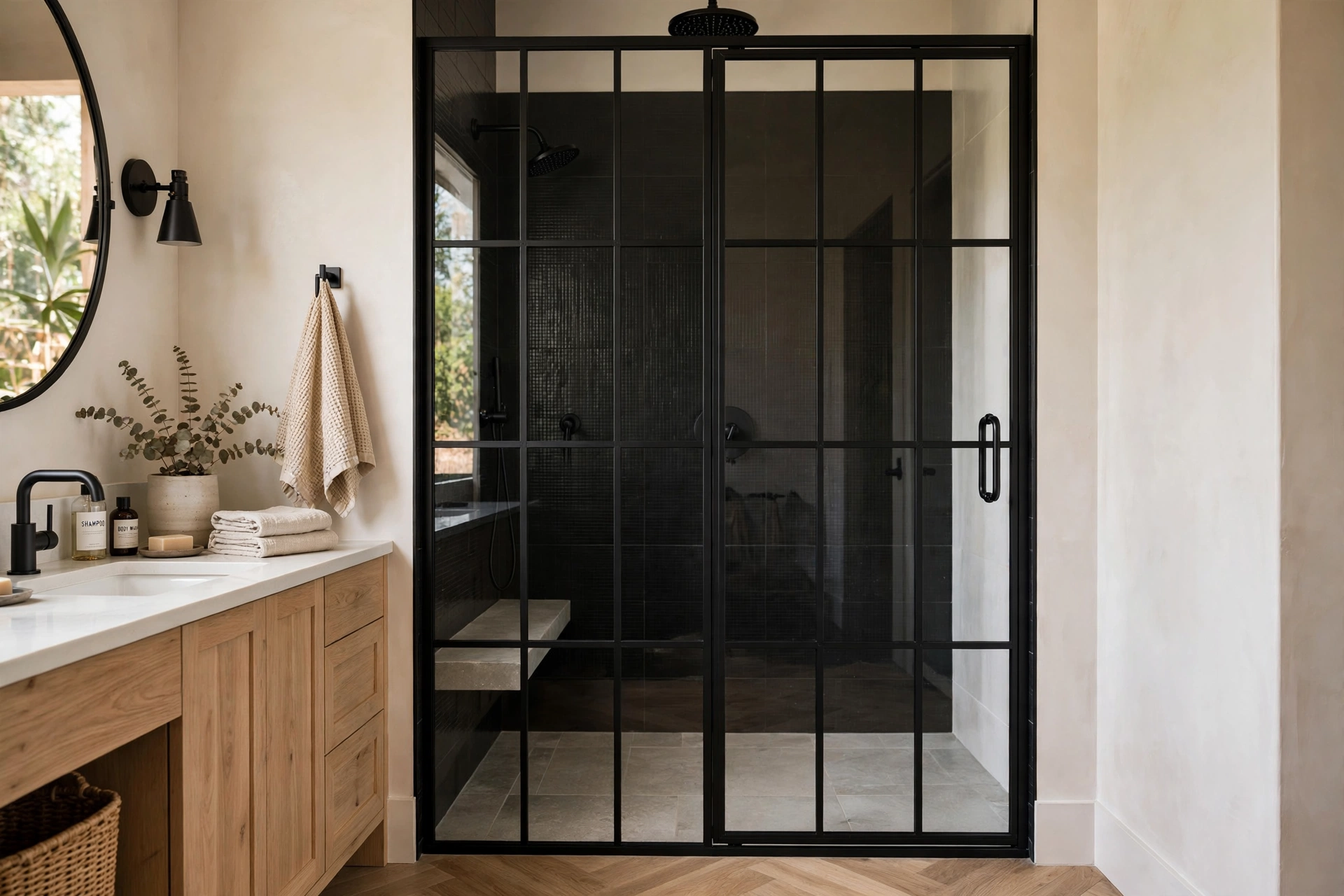 Black grid frame glass shower door with industrial steel window style