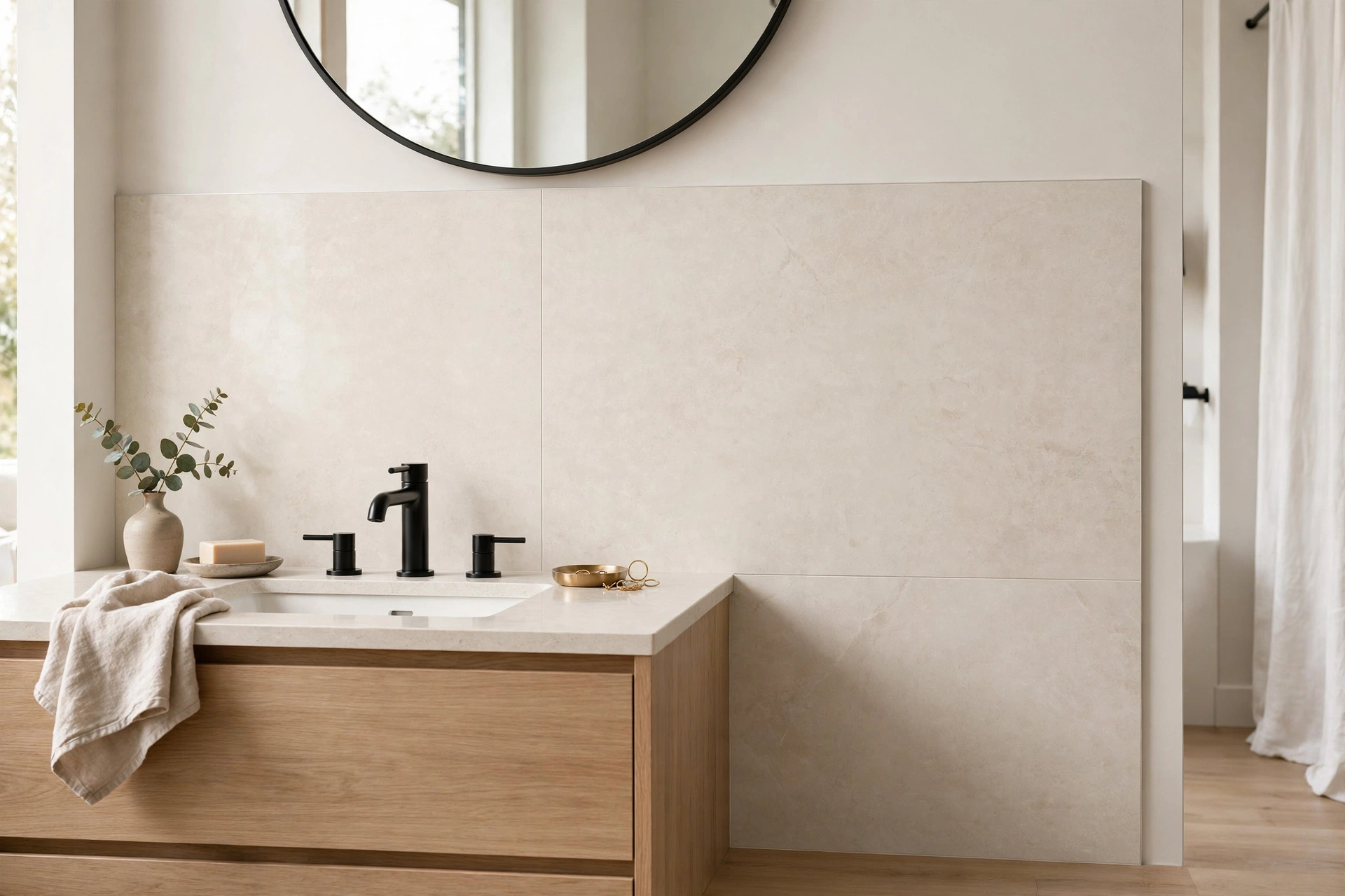 Large format porcelain backsplash with minimal grout lines in a modern bath