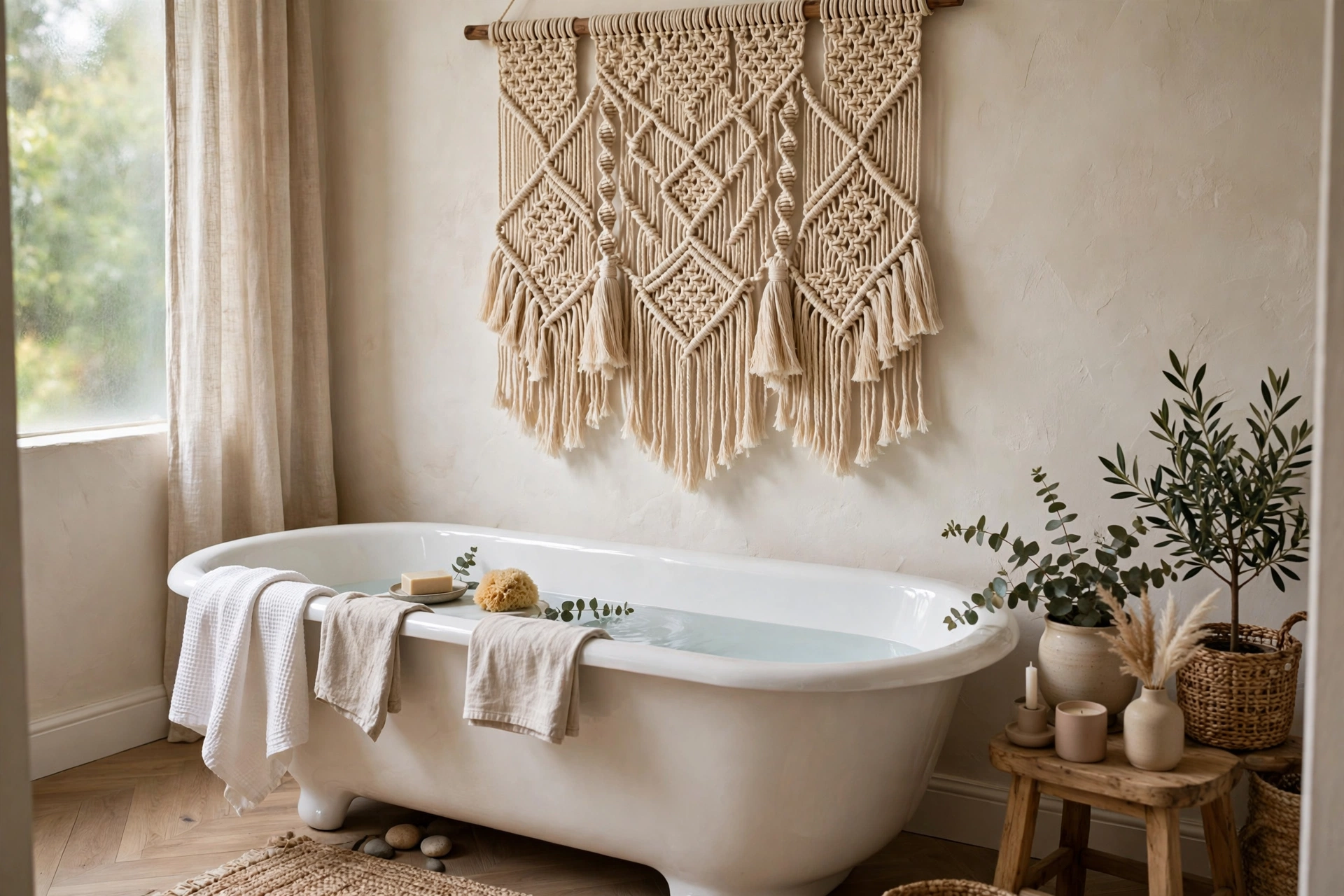 Woven macrame wall hanging adding softness above a bathtub