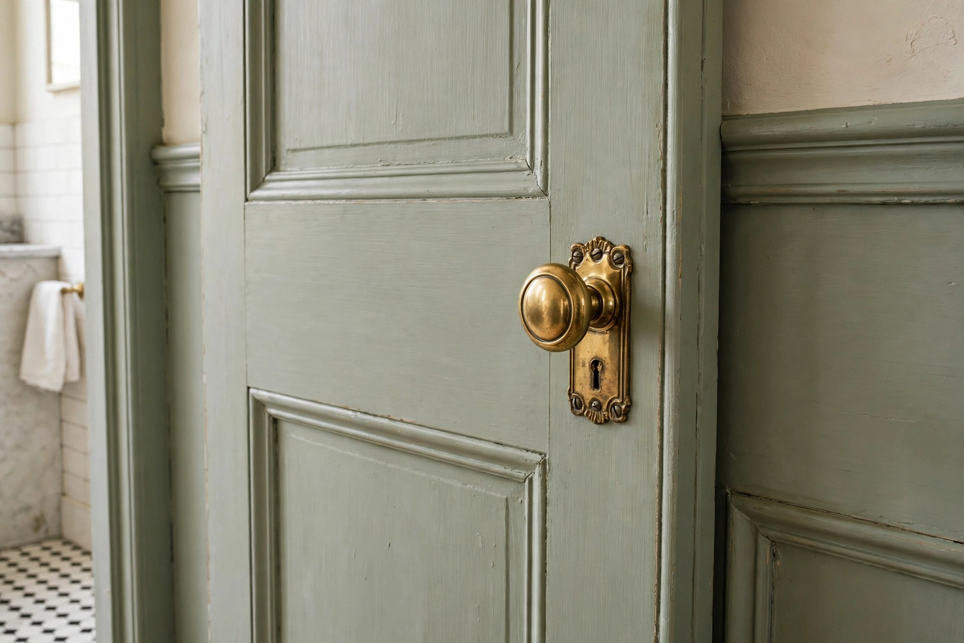 Vintage style brass door knob on a classic bathroom door
