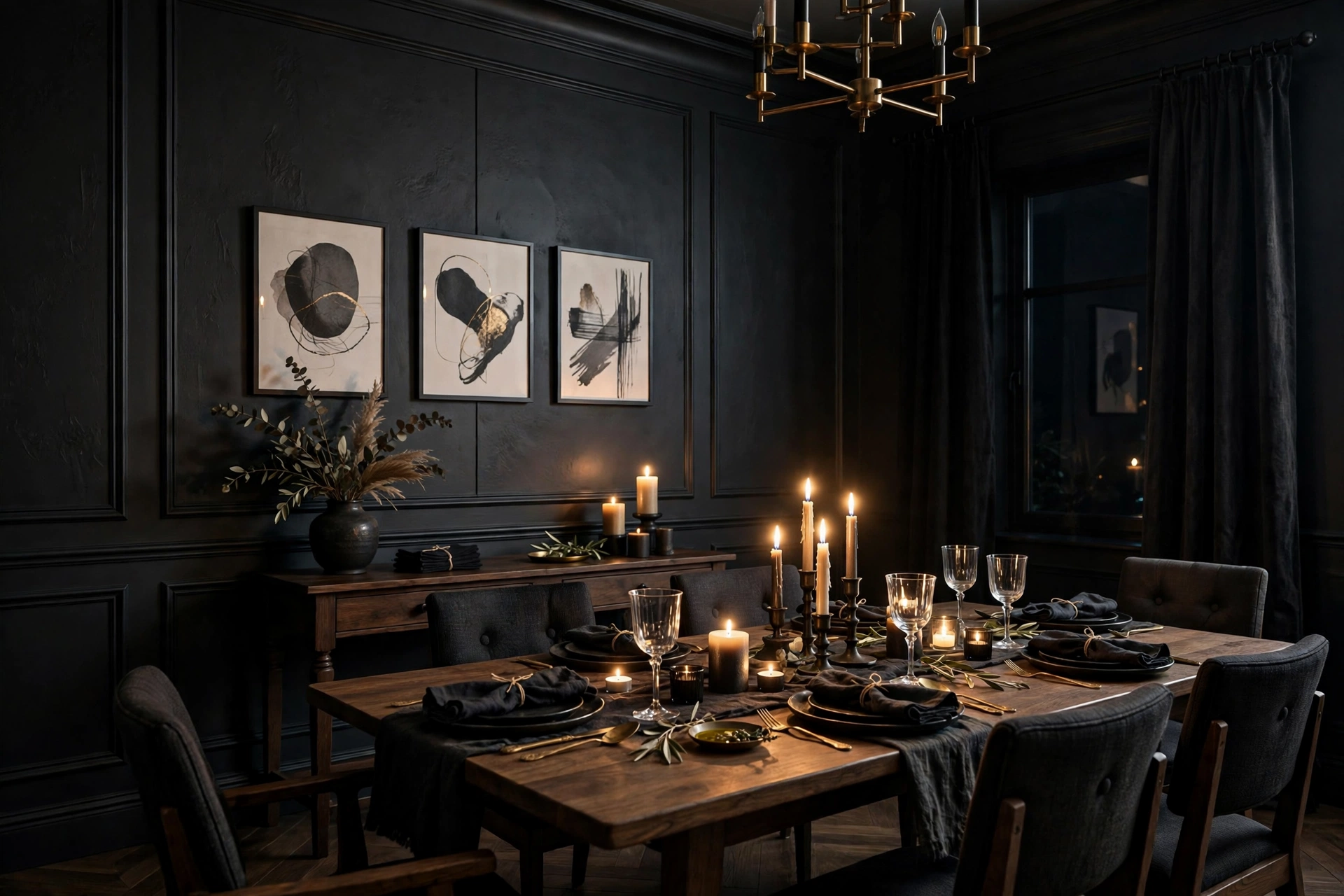 Charcoal black accent wall with candlelight in a dramatic dining room