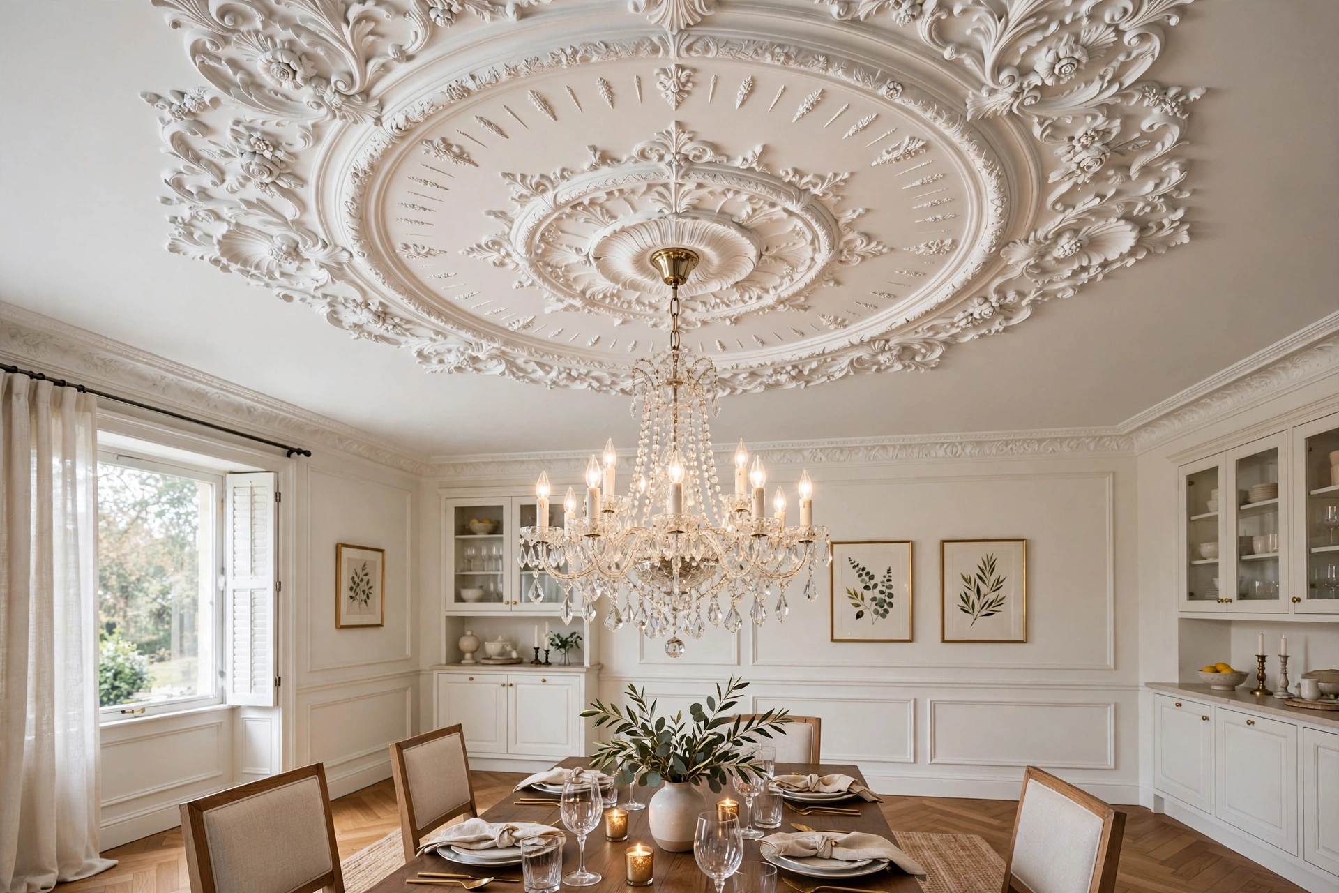 Ornate white ceiling medallion framing a crystal chandelier