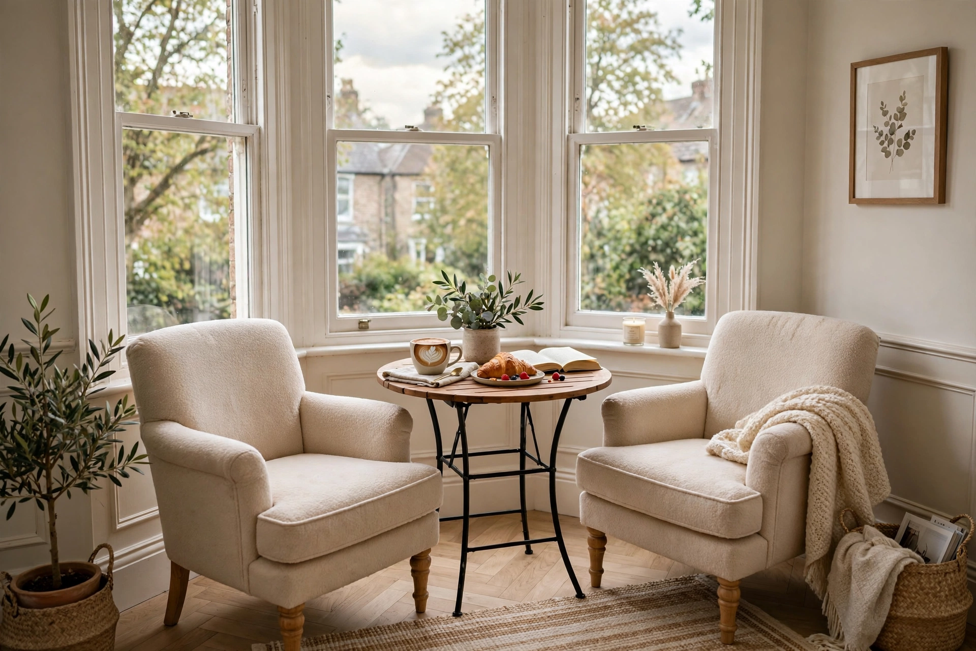 Small bistro table and two chairs in a cozy bay window corner