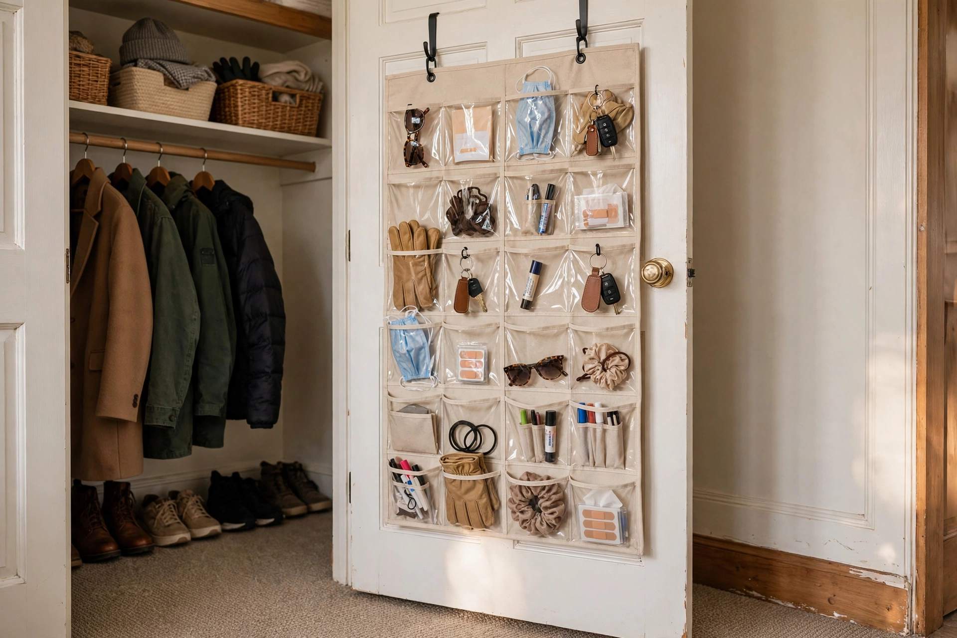 Over the door organizer with clear pockets inside an entry closet