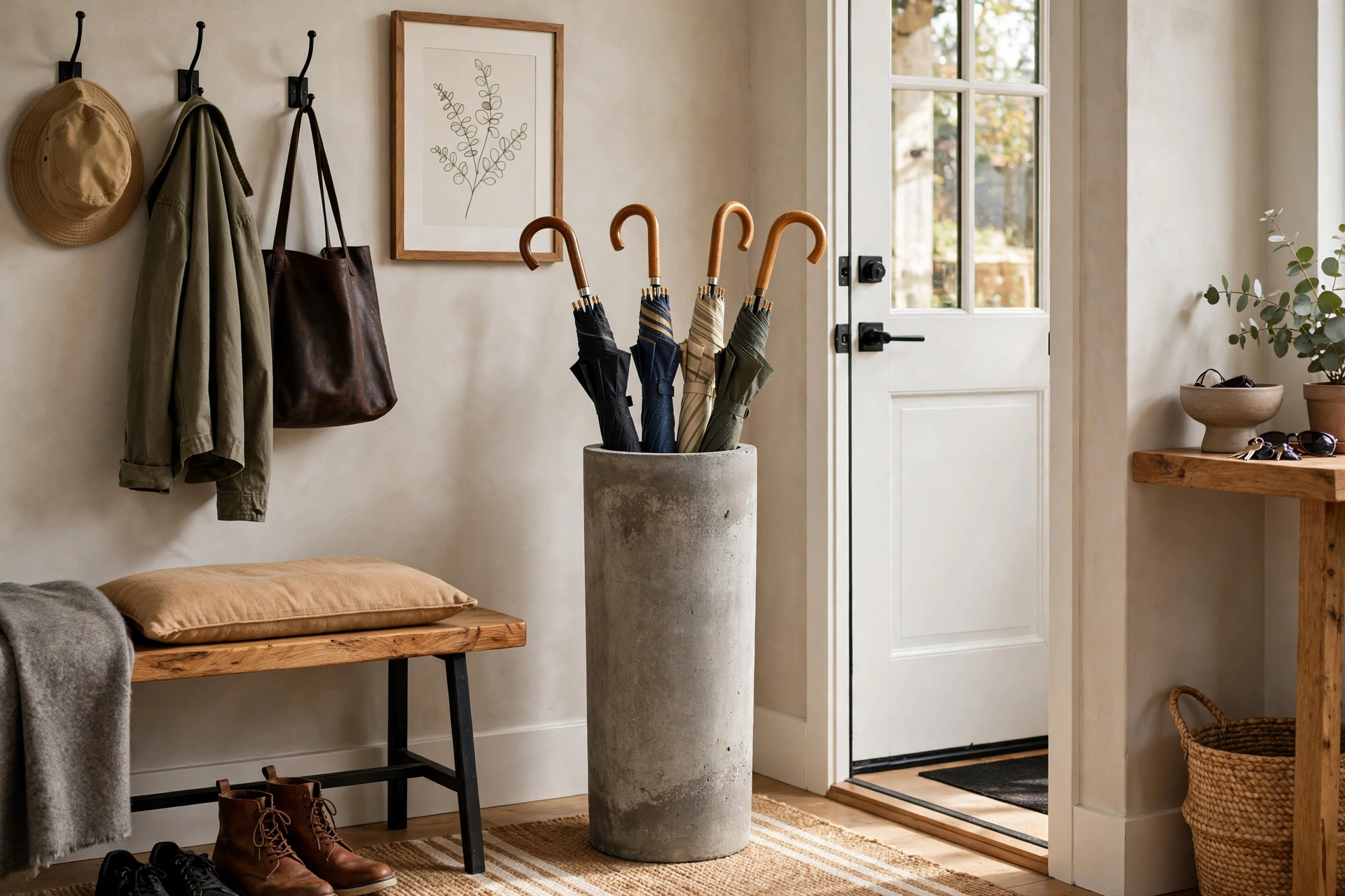 Tall concrete planter used as an umbrella stand in a stylish entryway