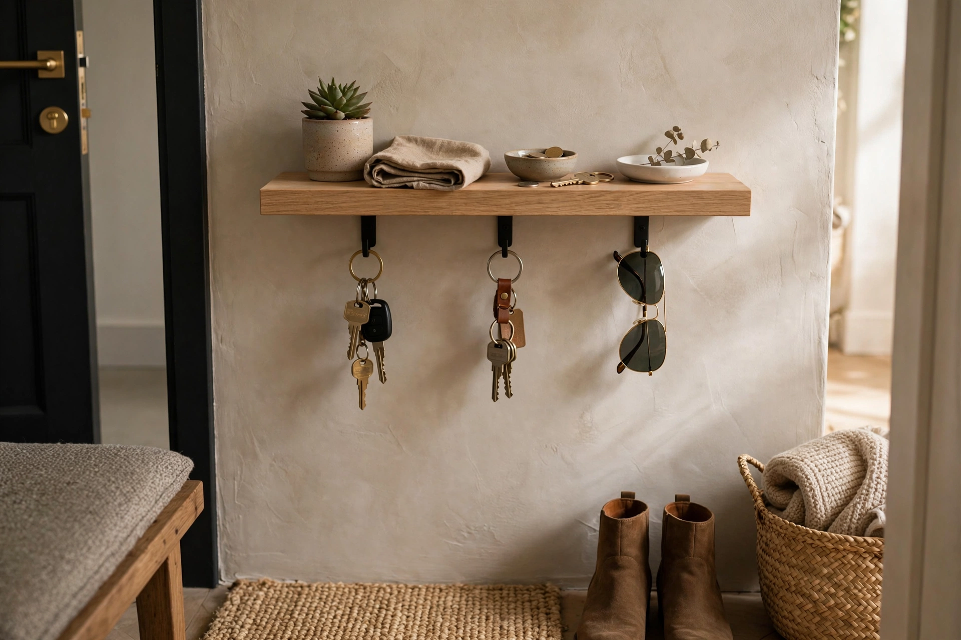 Floating shelf with hooks underneath holding keys and sunglasses