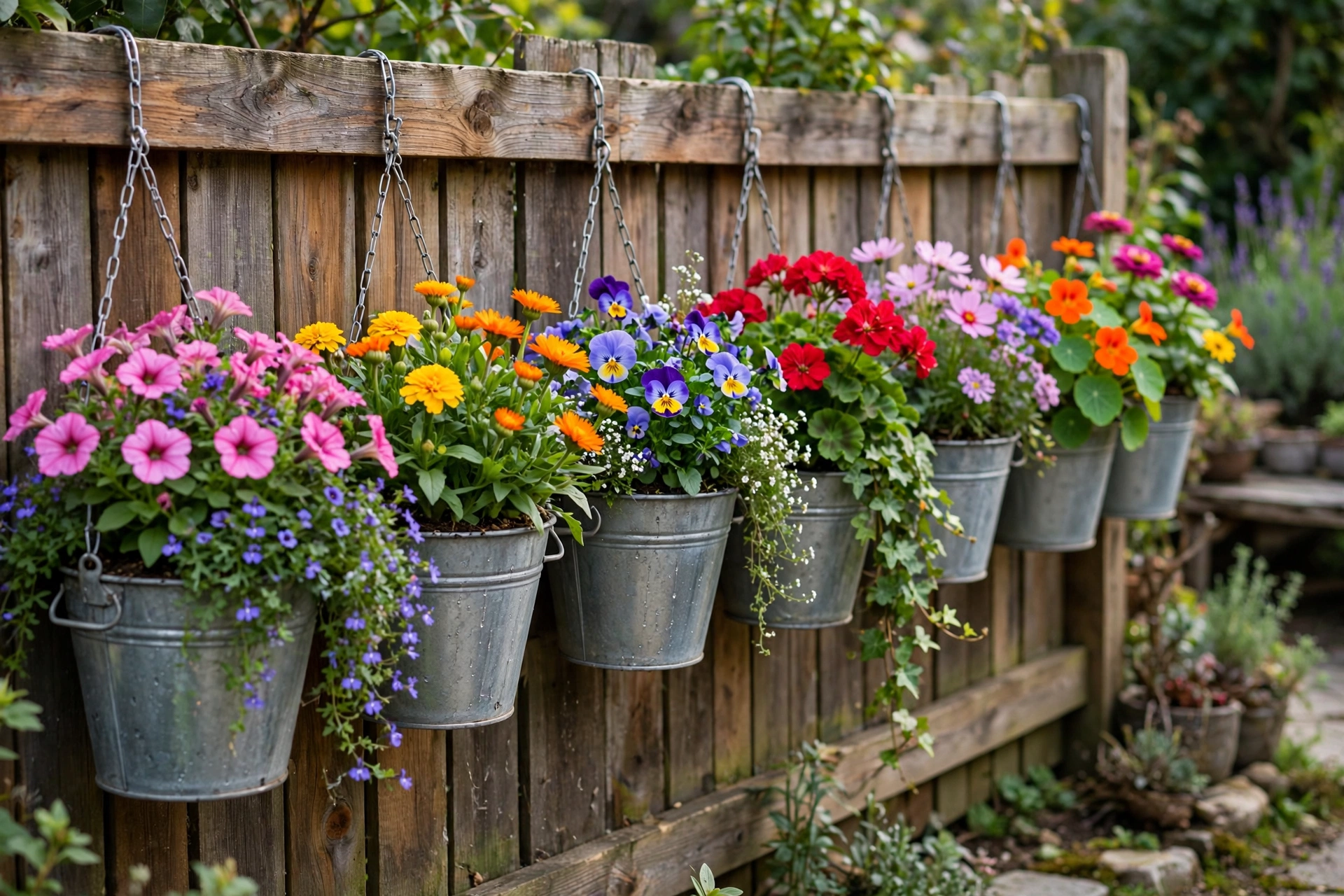 Wooden fence lined with hanging galvanized bucket planters full of flowers