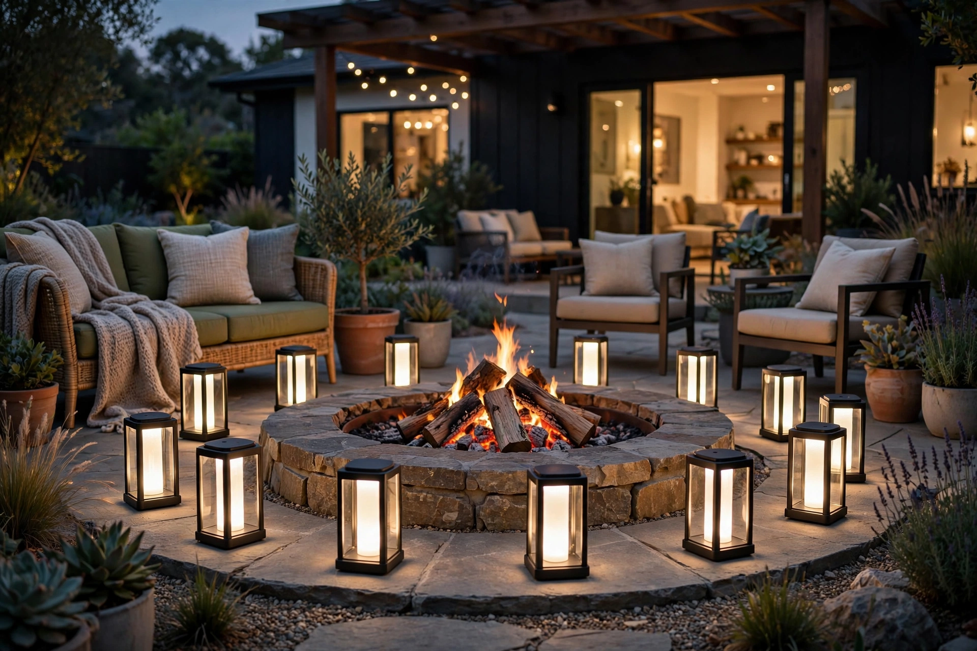 LED lanterns glowing around the edge of a fire pit gathering area