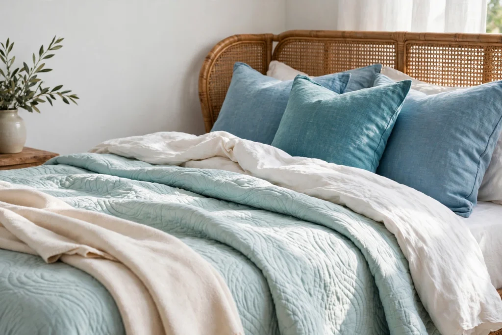 Layered aqua and sea-blue bedding with quilted coverlet in a coastal bedroom
