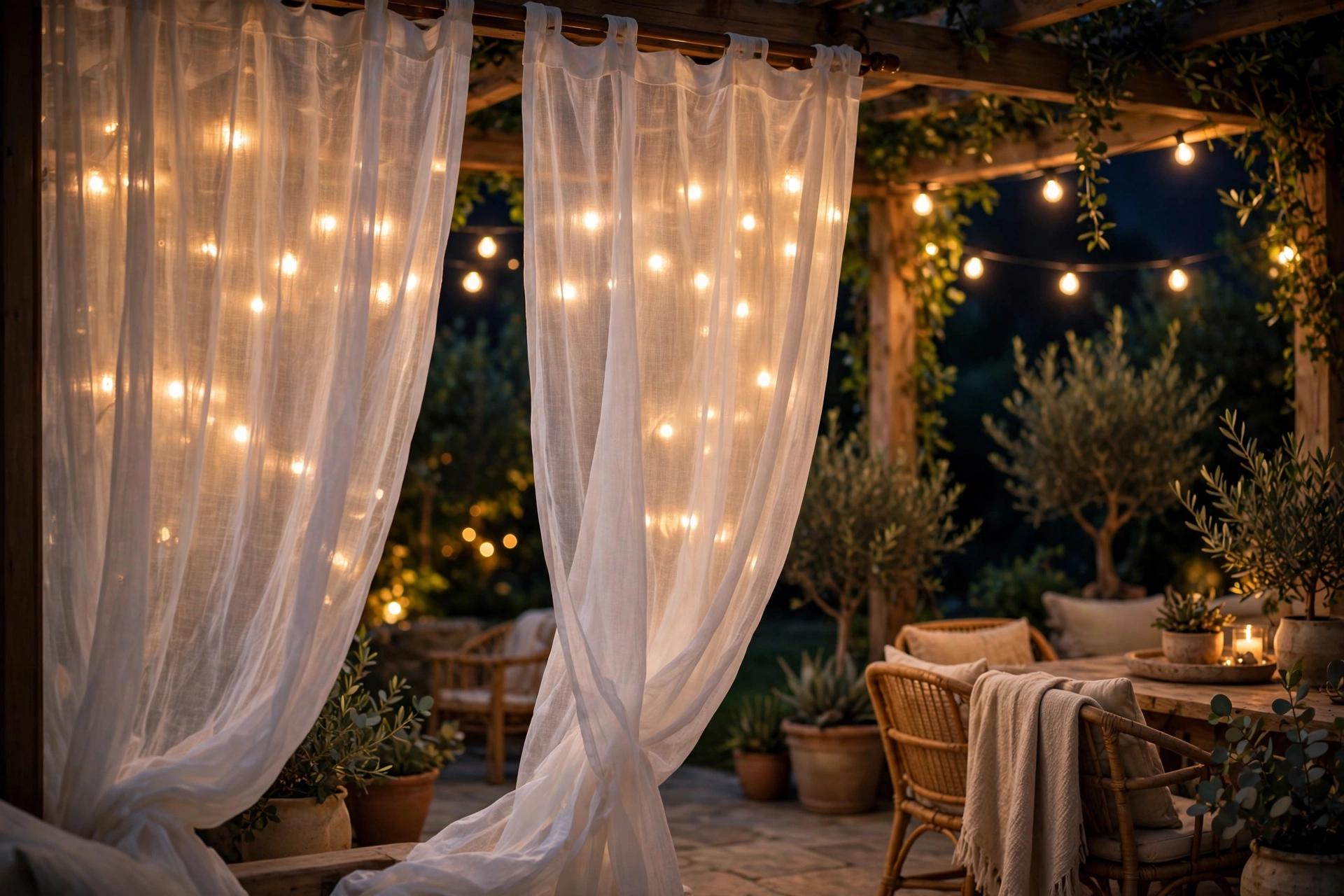 String lights glowing through sheer outdoor curtains on a patio at night