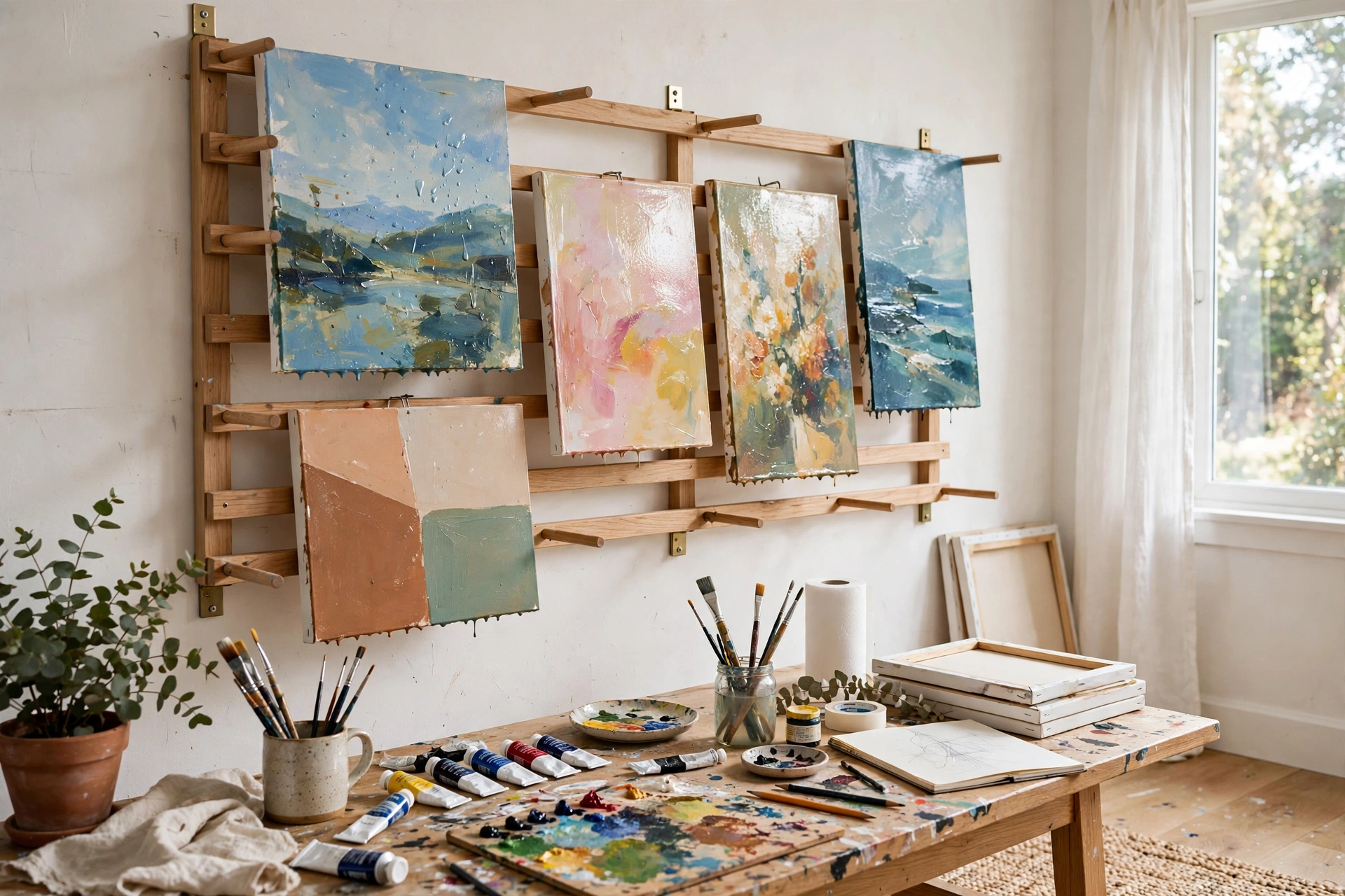 Wall mounted drying rack holding wet canvases in an art studio