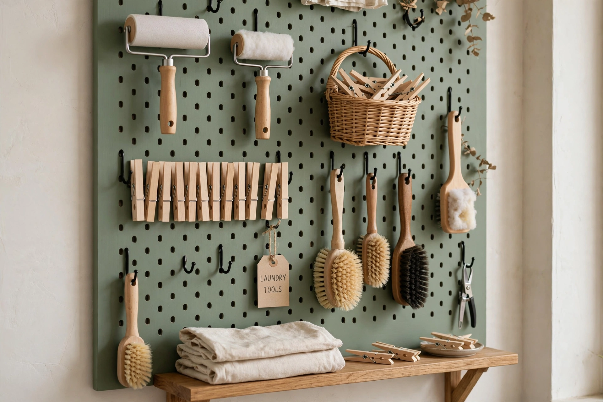 Painted pegboard organizing lint rollers and laundry tools on hooks