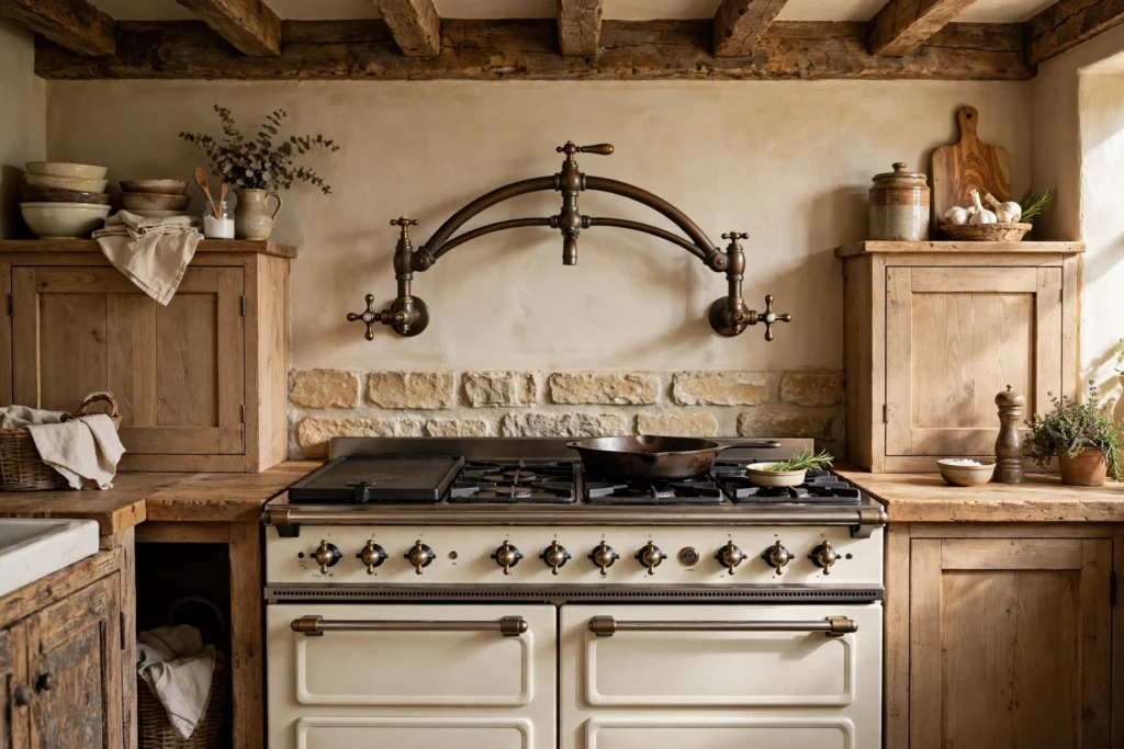 Vintage-style bridge pot filler with arched arm above a farmhouse range
