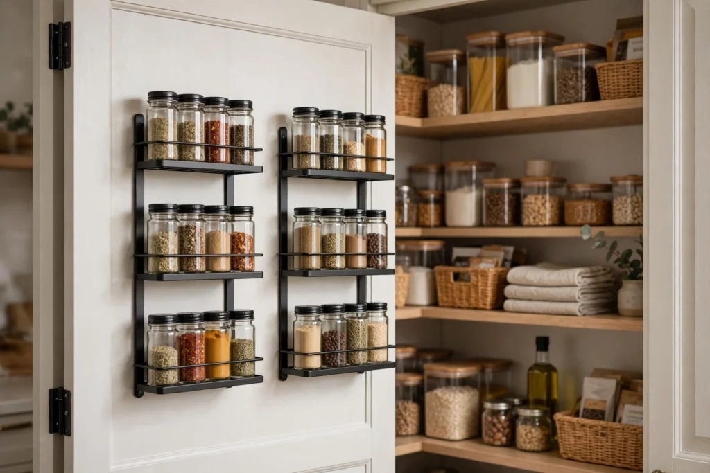 Slim spice racks mounted on the inside of a pantry cabinet door