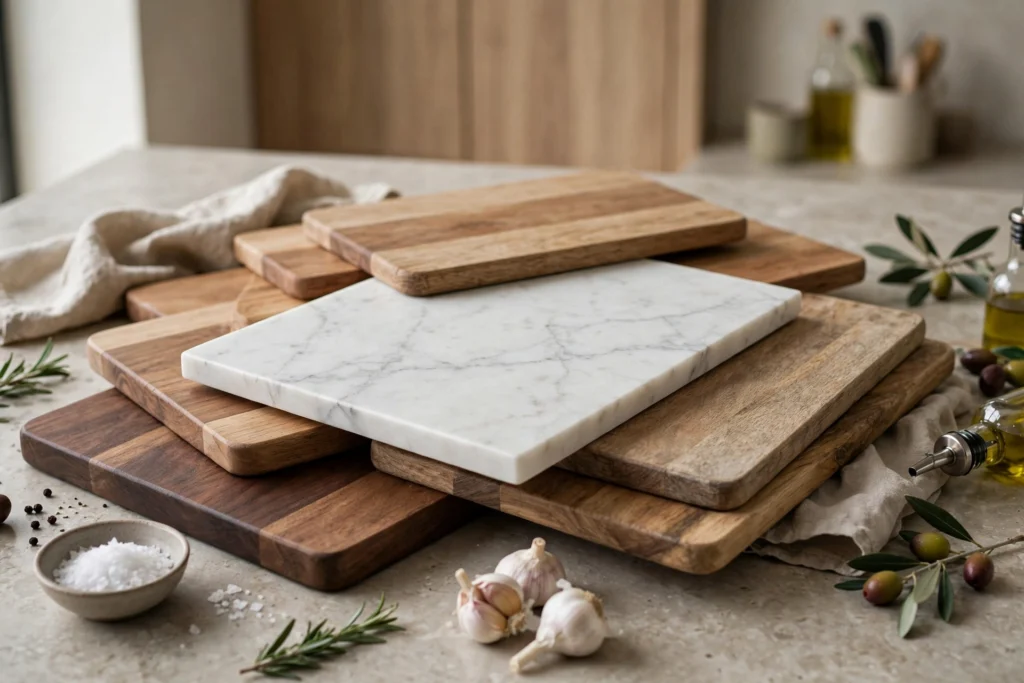 White marble serving board layered among wooden boards on a kitchen counter