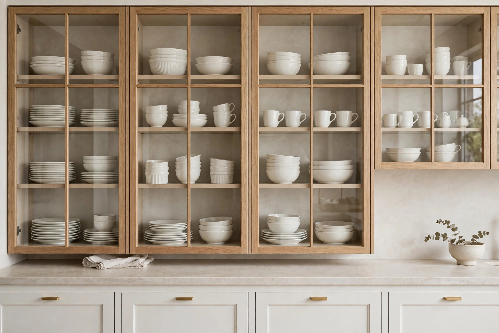Glass cabinets styled with a curated all-white dish collection for calm display