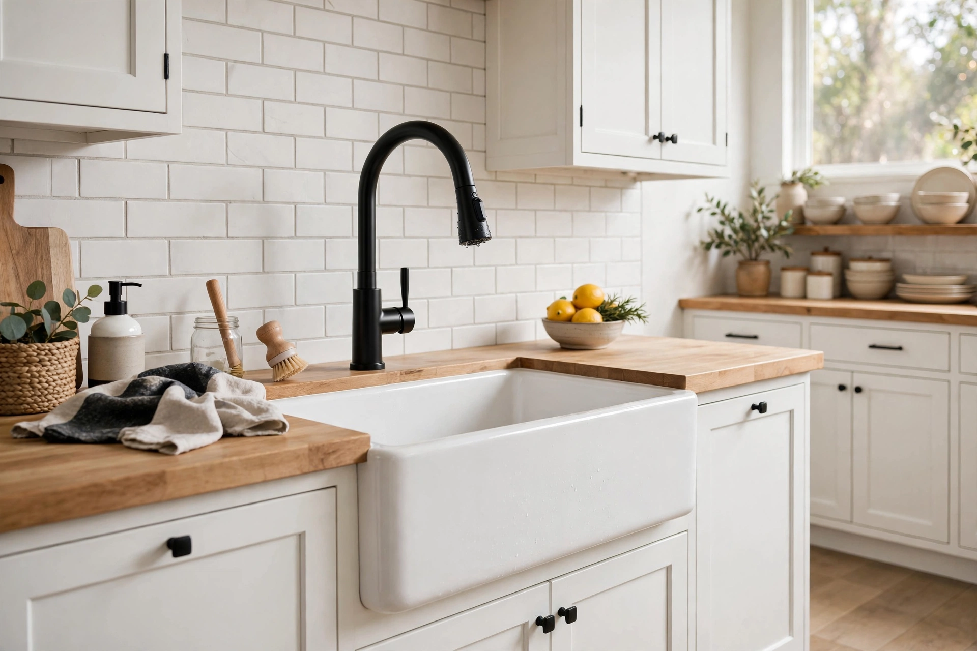 Matte black kitchen faucet contrasting with a white farmhouse sink