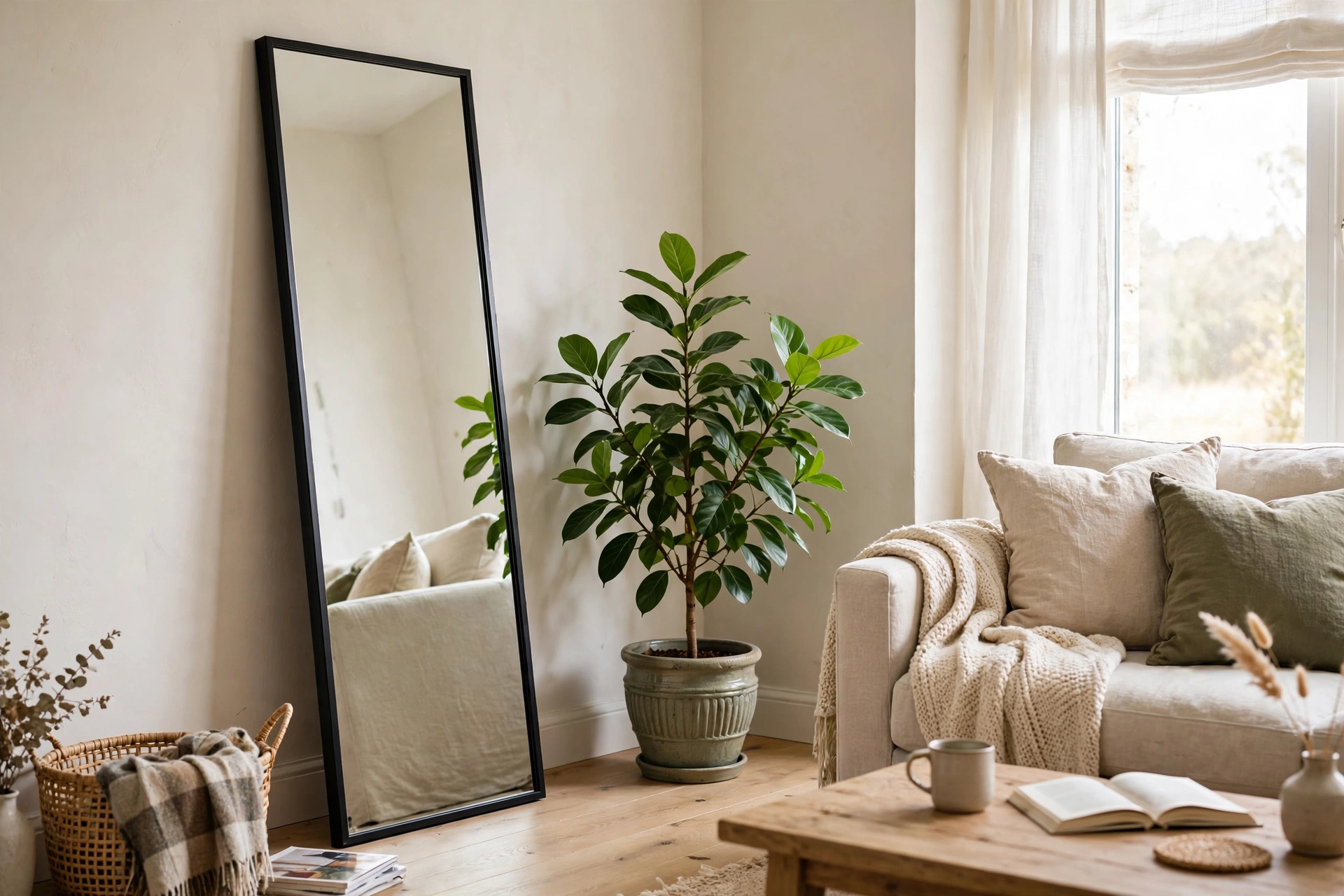Tatami mats with low cushions and minimal decor in calm living room