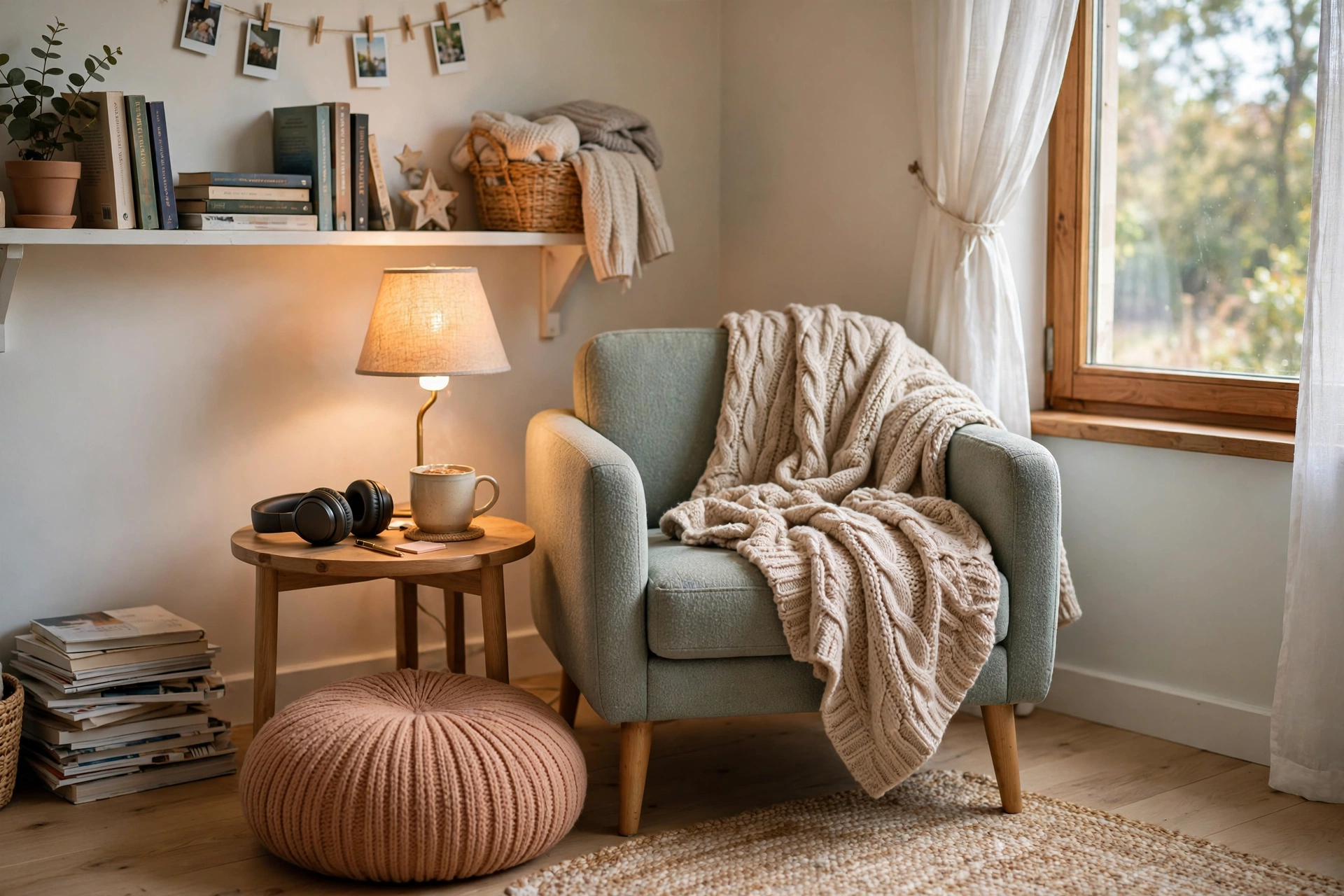 Cozy reading corner in a teen bedroom with an armchair, knit throw and side table by a window