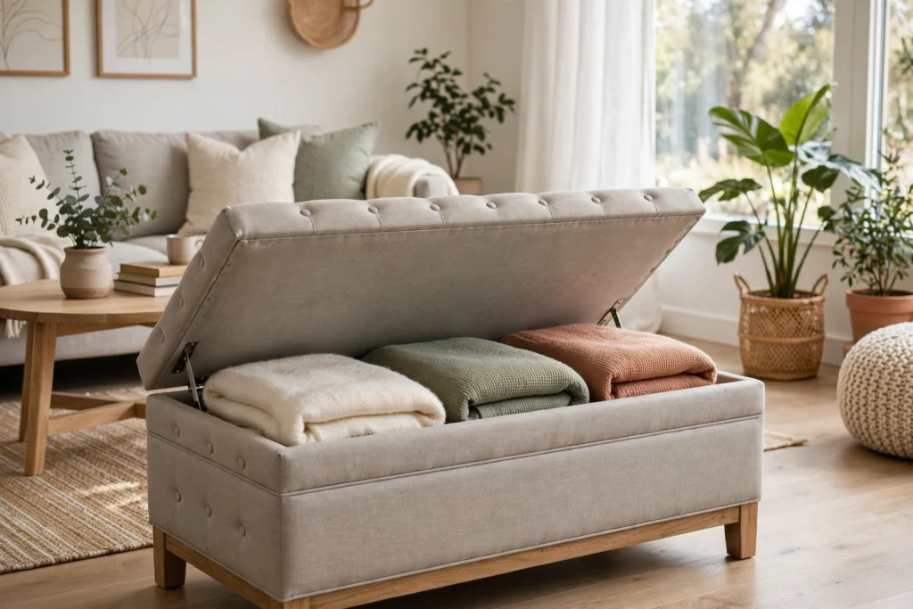 Upholstered storage bench with open lid showing blankets inside