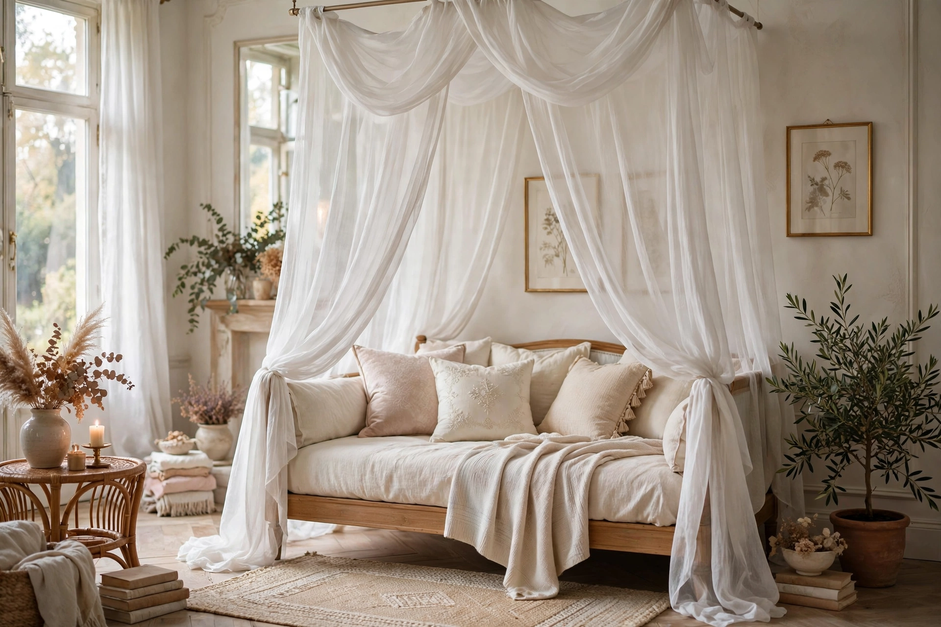 Daybed with sheer white canopy curtains in romantic living room