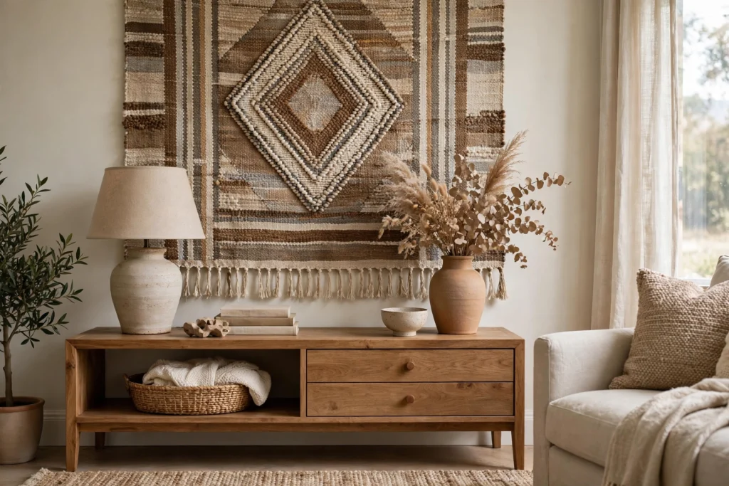Tapestry as backdrop behind console table styled with lamp and vase