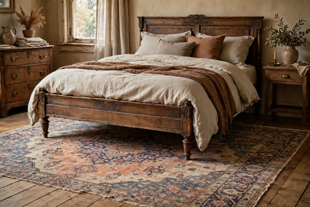 Faded vintage Persian rug with intricate medallion under an antique bed