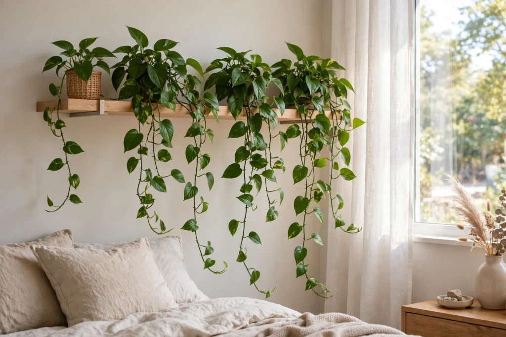 Trailing pothos plants cascading from a floating shelf near a bedroom window